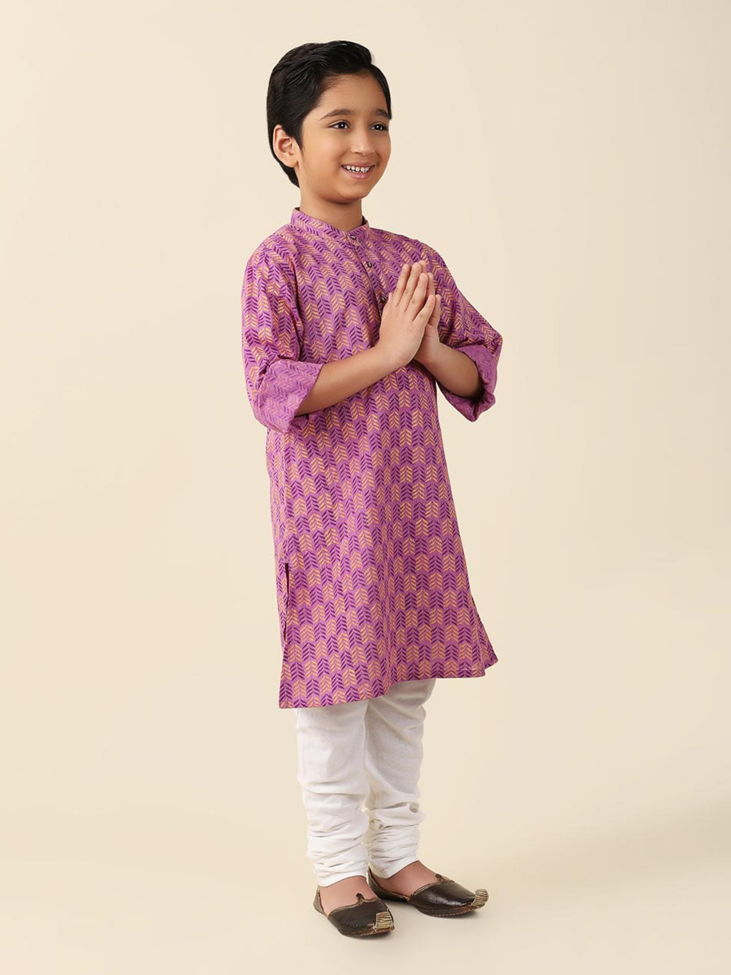 Fabindia Kids Light Purple Printed Full Sleeves Kurta
