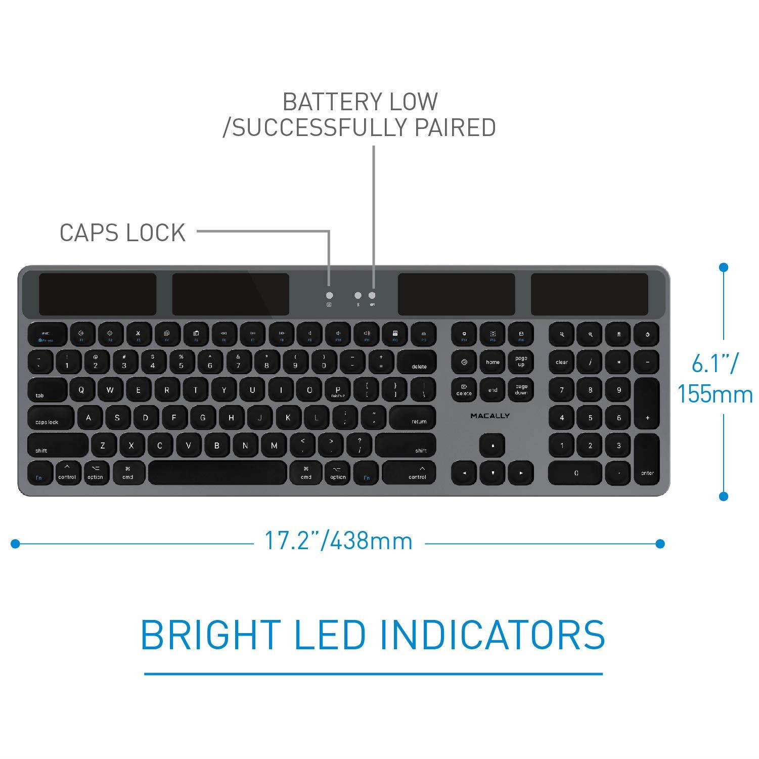 Macally Bluetooth Wireless Solar Keyboard for Mac Mini/Pro, iMac Desktop Computers & Apple MacBook Pro/Air Laptops | Rechargeable Via Any Light Source | Caps Lock/Battery Indicators - Space gray