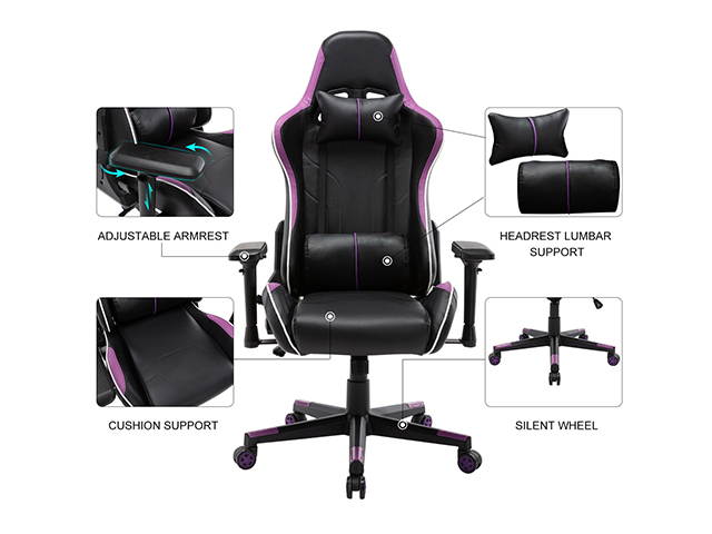 Massage Racing Chair Gaming Chair - Computer Office Adjustable Lumbar Cushion Headrest Swivel Rocking Function Desk Chair 5 Colors,Purple,GC34