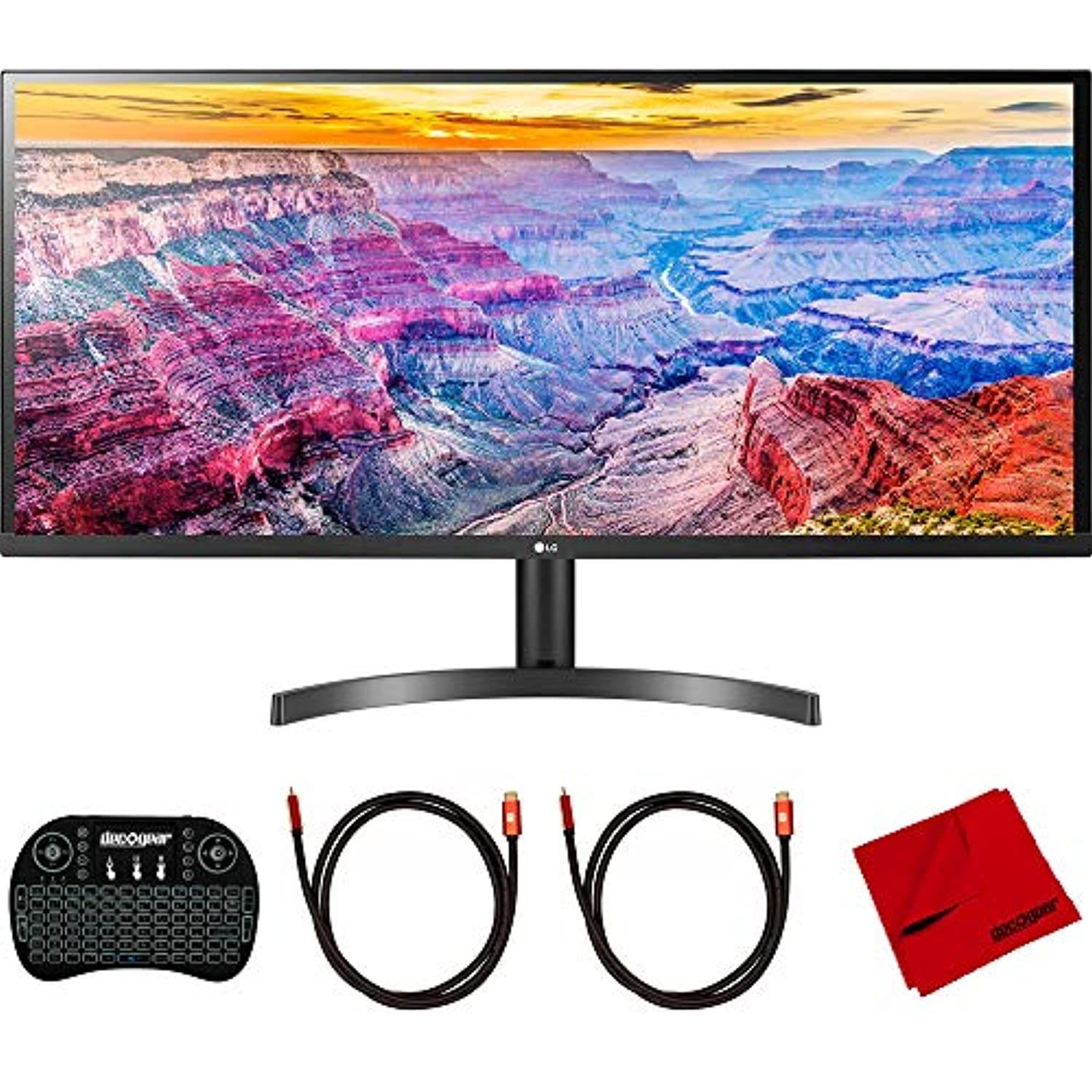 LG 34WL600-B 34 inch UltraWide IPS FreeSync LED Monitor 2560 x 1080 21:9 Bundle with Deco Gear 2.4GHz Wireless Backlit Keyboard, 2X 6FT Universal 4K HDMI 2.0 Cable and Cleaning Cloth (E2LG34WL600B)