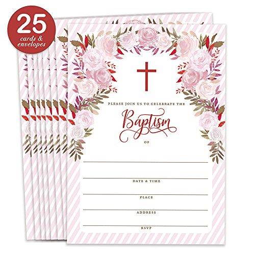 Girl Baptism Invitations with Envelopes (Pack of 25) Pink Christening Invite Large 5x7 Religious Celebration Christian Church Blessing Baptismal Dedication Fill In the Blank Excellent Value VI0095B