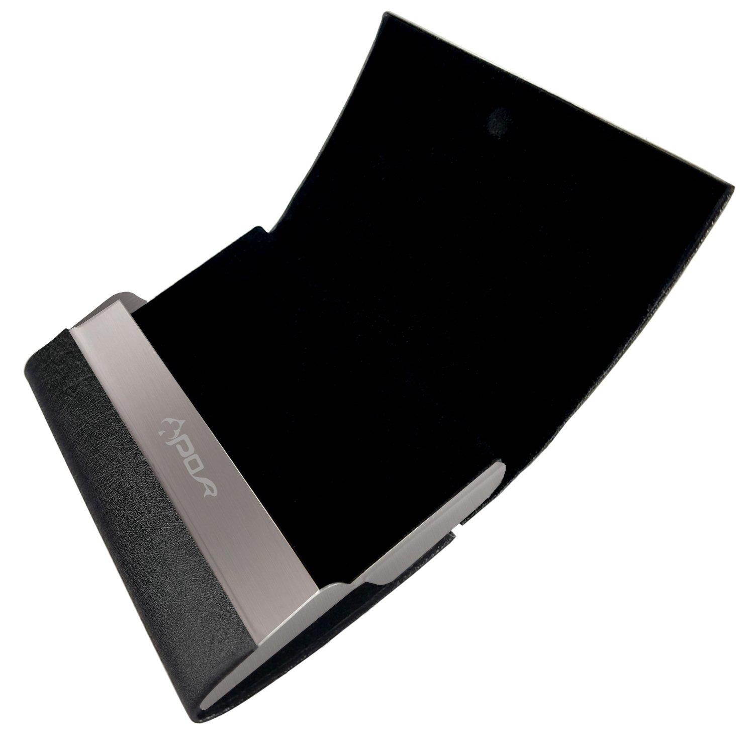 Business Card Holder By Apor - Oracle Grain Leather Business Card Case with Magnetic Shut To Keep Business Cards in Mint Condition - Black