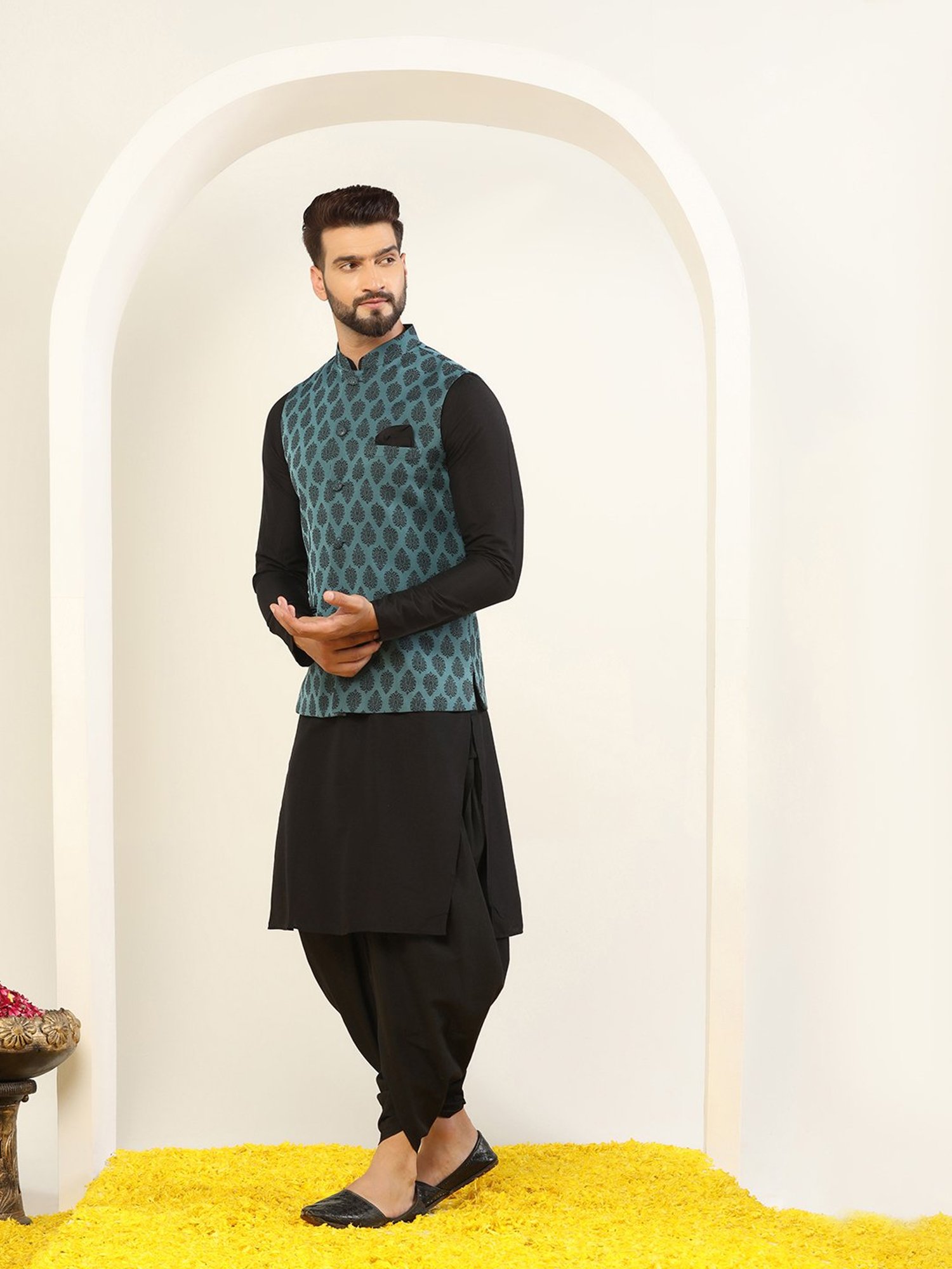 KISAH Blue & Black Regular Fit Self Design Kurta & Dhoti With Nehru Jacket