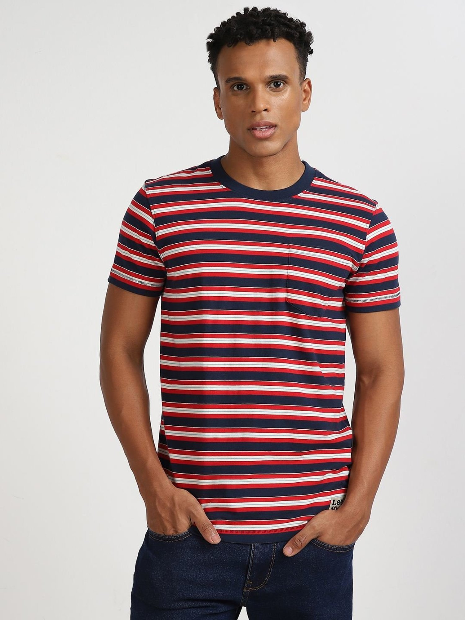 Lee Navy & Red Cotton Regular Fit Striped T-Shirt