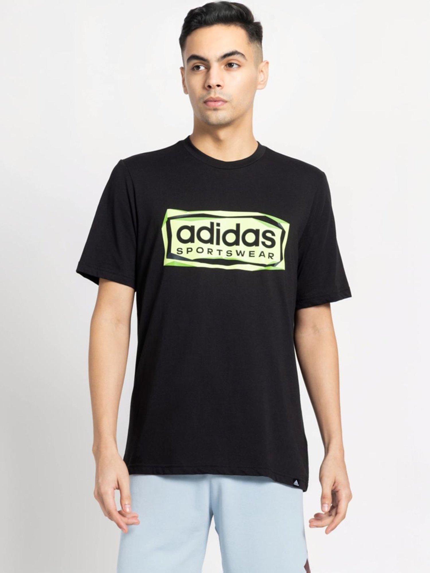 Adidas Black Cotton Regular Fit Printed Sports T-Shirt