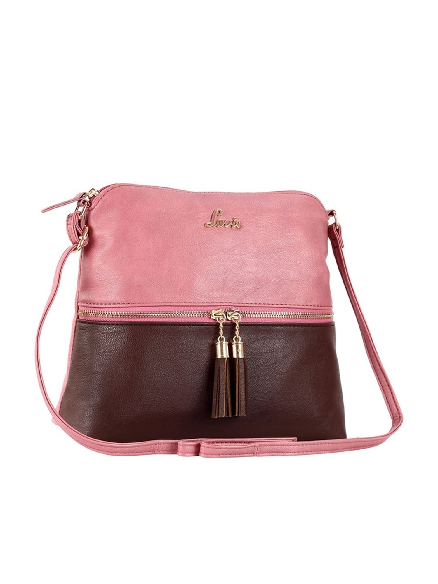 Lavie Tassel Dome Pink & Brown Polyester Color Block Sling Handbag