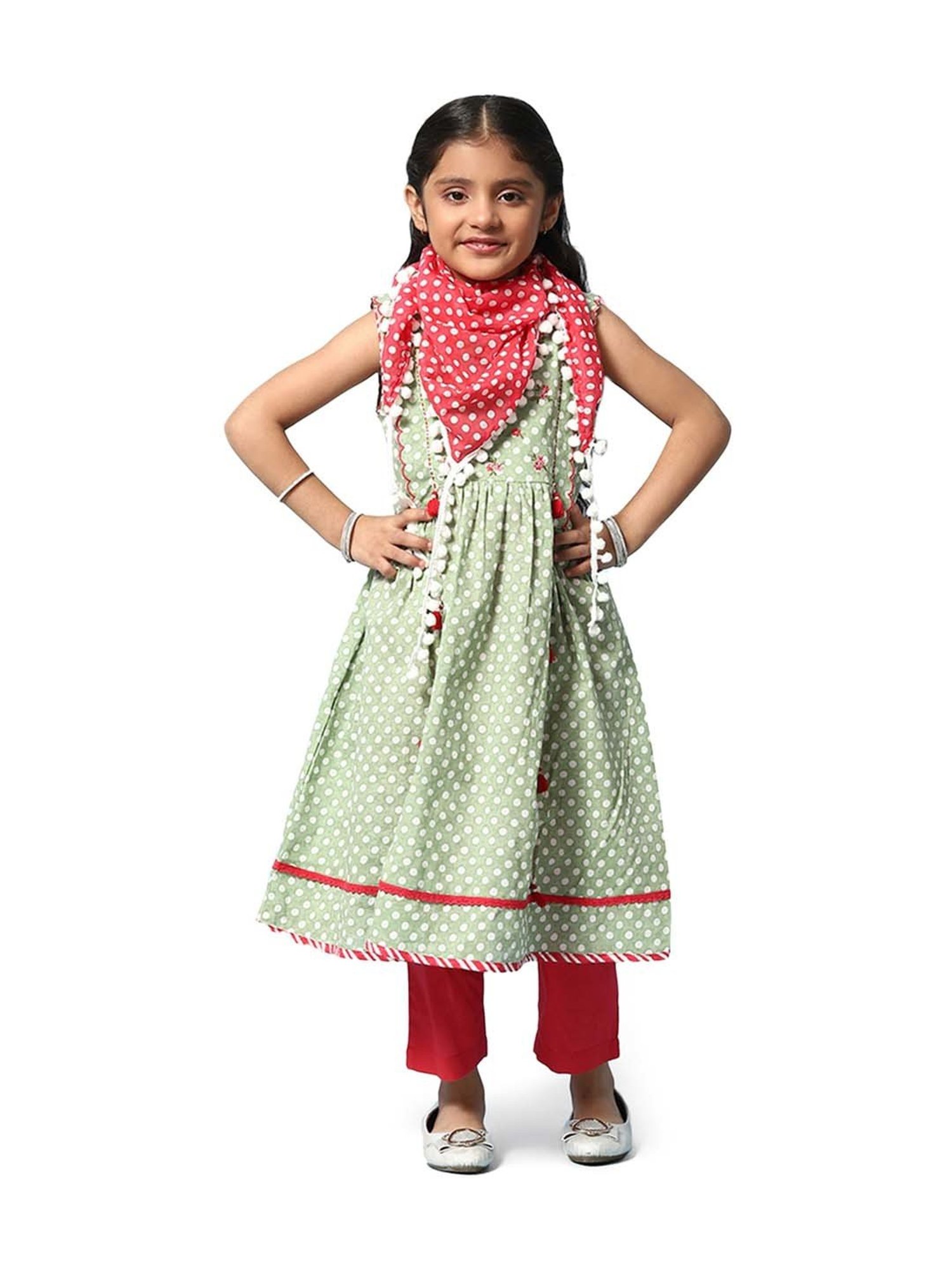 BIBA Girls Green & Red Cotton Printed Kurta Set