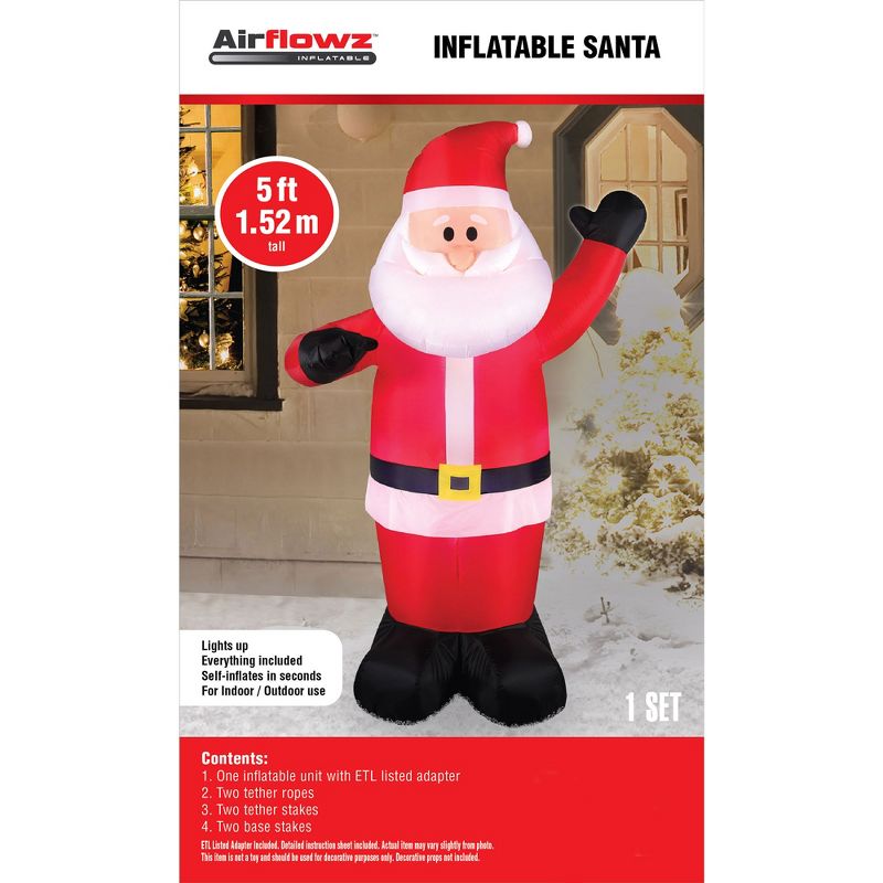 Airflowz 5 Foot Life Size Inflatable Santa Claus Decor with Built In LED Lights