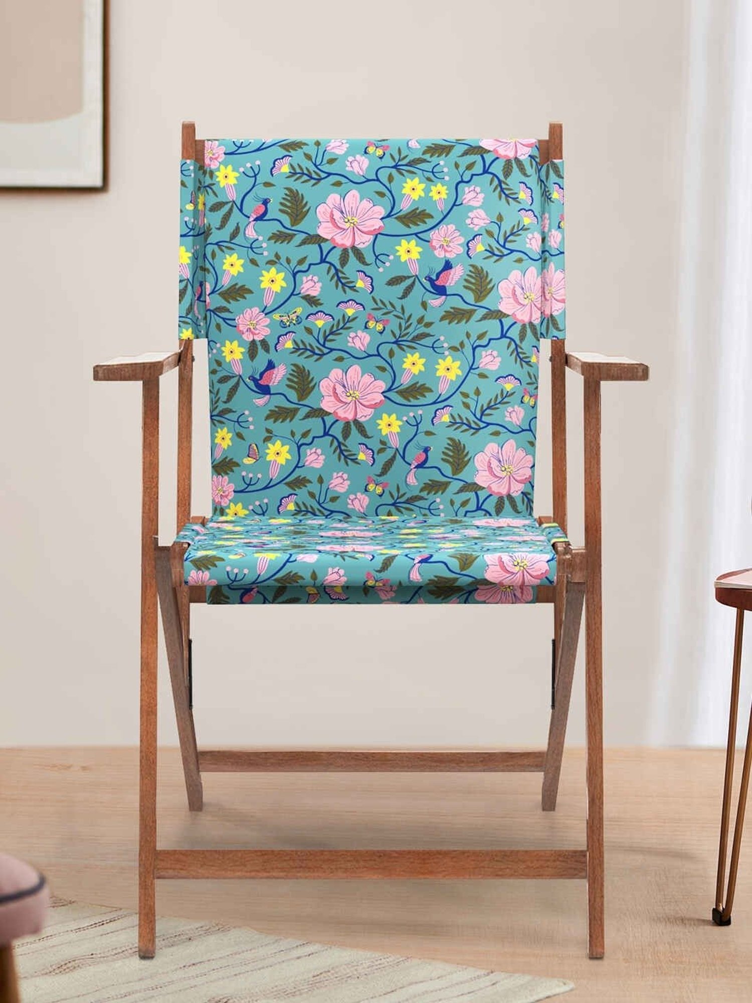 Chumbak Bistro Spring Bloom Floral Black Wood Folding Chair