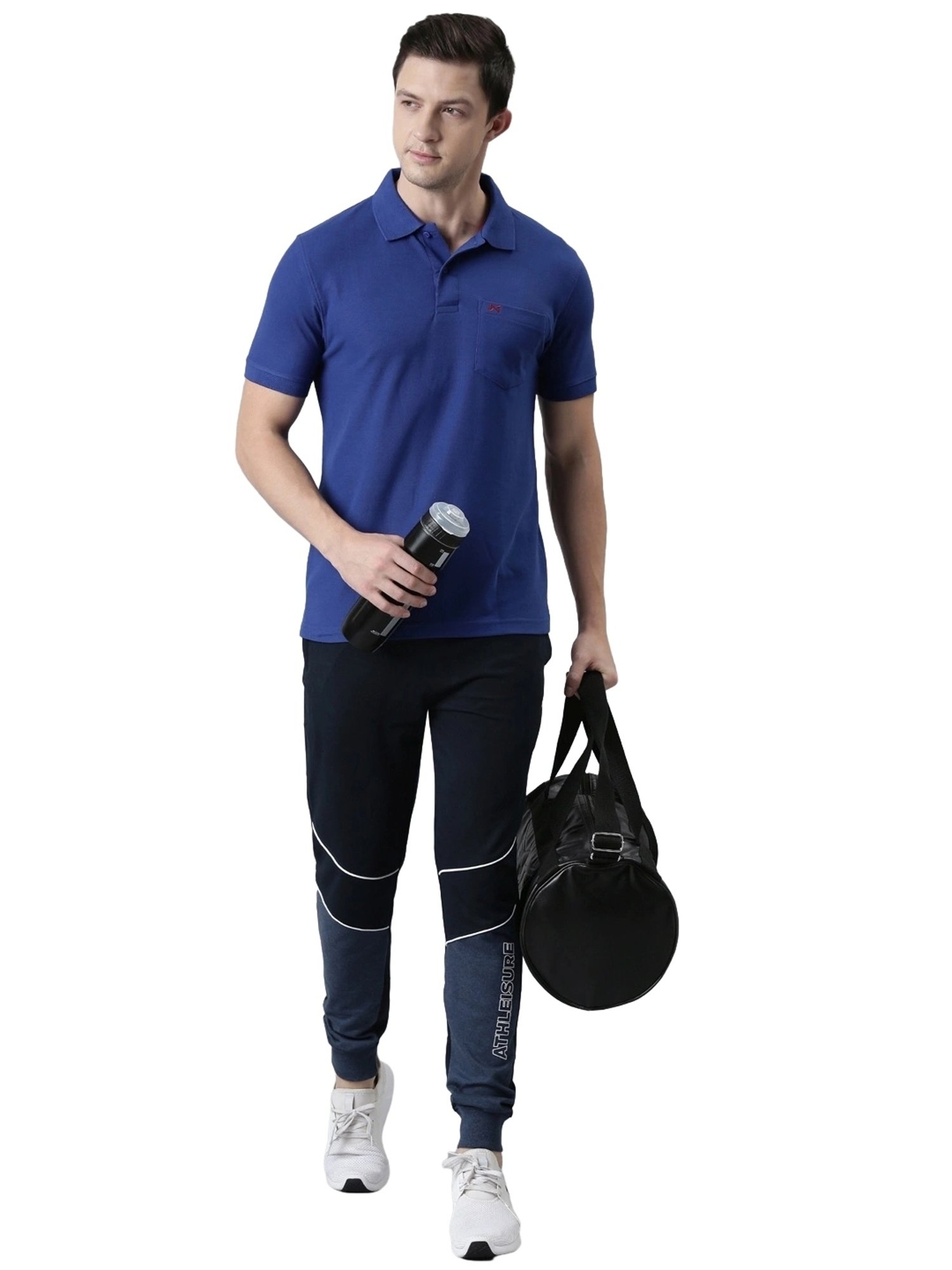 Force NXT Navy & Black Cotton Regular Fit Colour Block Joggers - Pack Of 2