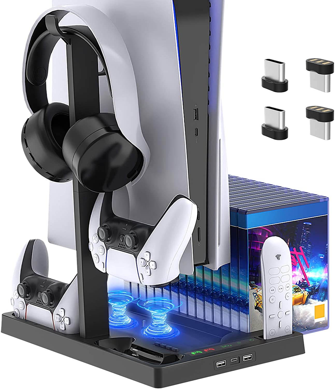 ROME CARE Vertical Stand with Headset Holder and Cooling Fan Base for PS5 Console/Digital Edition, 2 Controller Chargers, 15 Game Disc Slots, 3 USB Hubs and 1 Media Remote Storage
