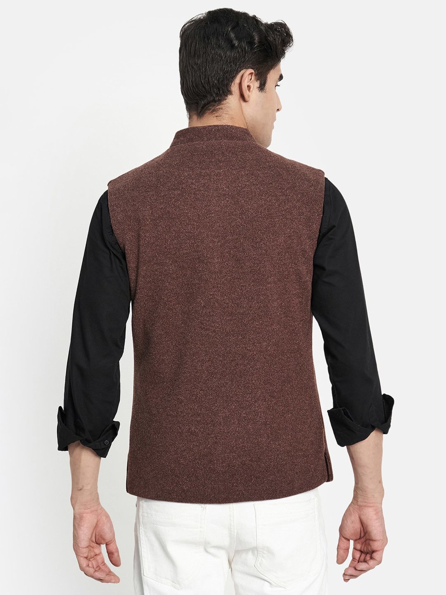 METTLE Dark Brown Mandarin Collar Nehru Jacket