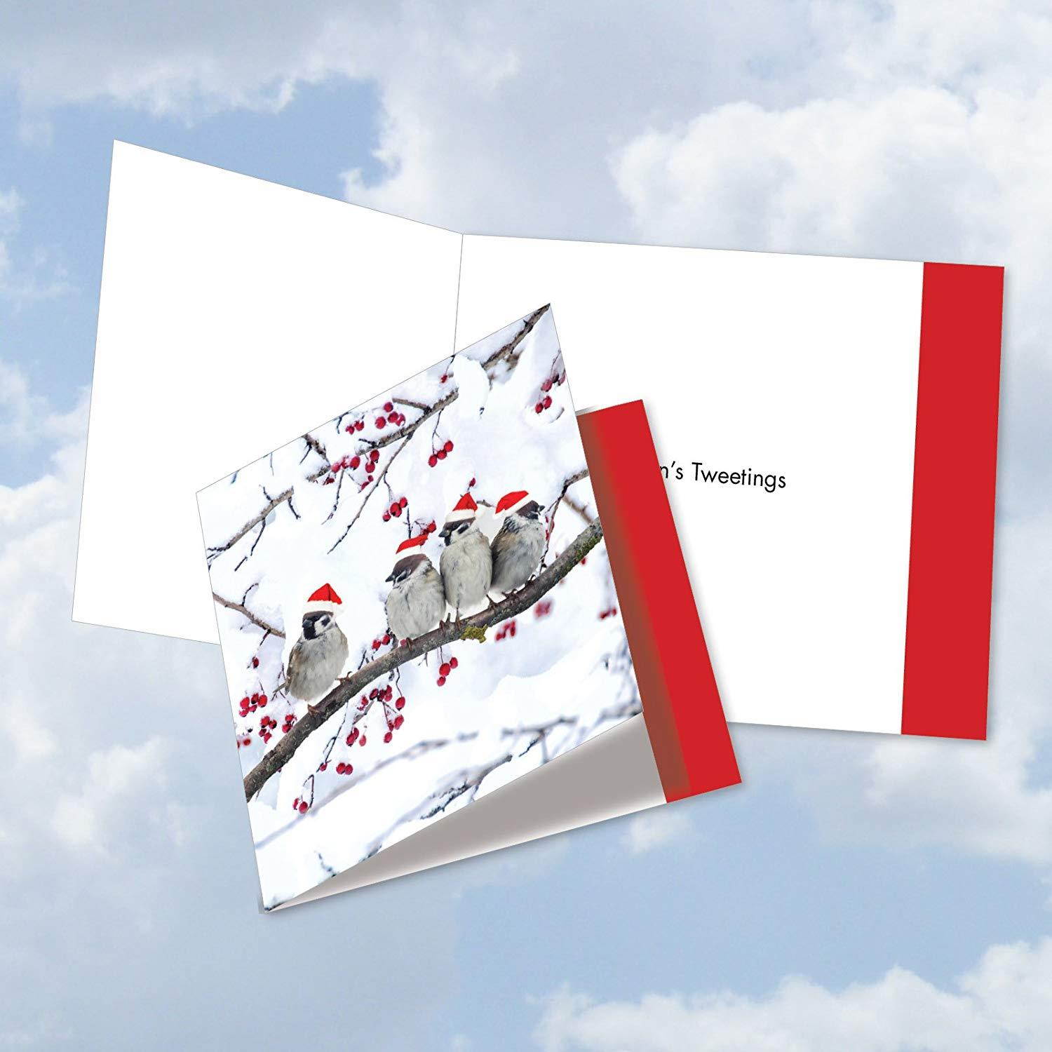 JQ5030AXSG Jumbo Christmas Square-Top Card: Christmas for the Birds Featuring Birds Dressed Up For The Holidays Enjoying The Snow, with Envelope (Extra Large Size: 8.25" x 9.75")