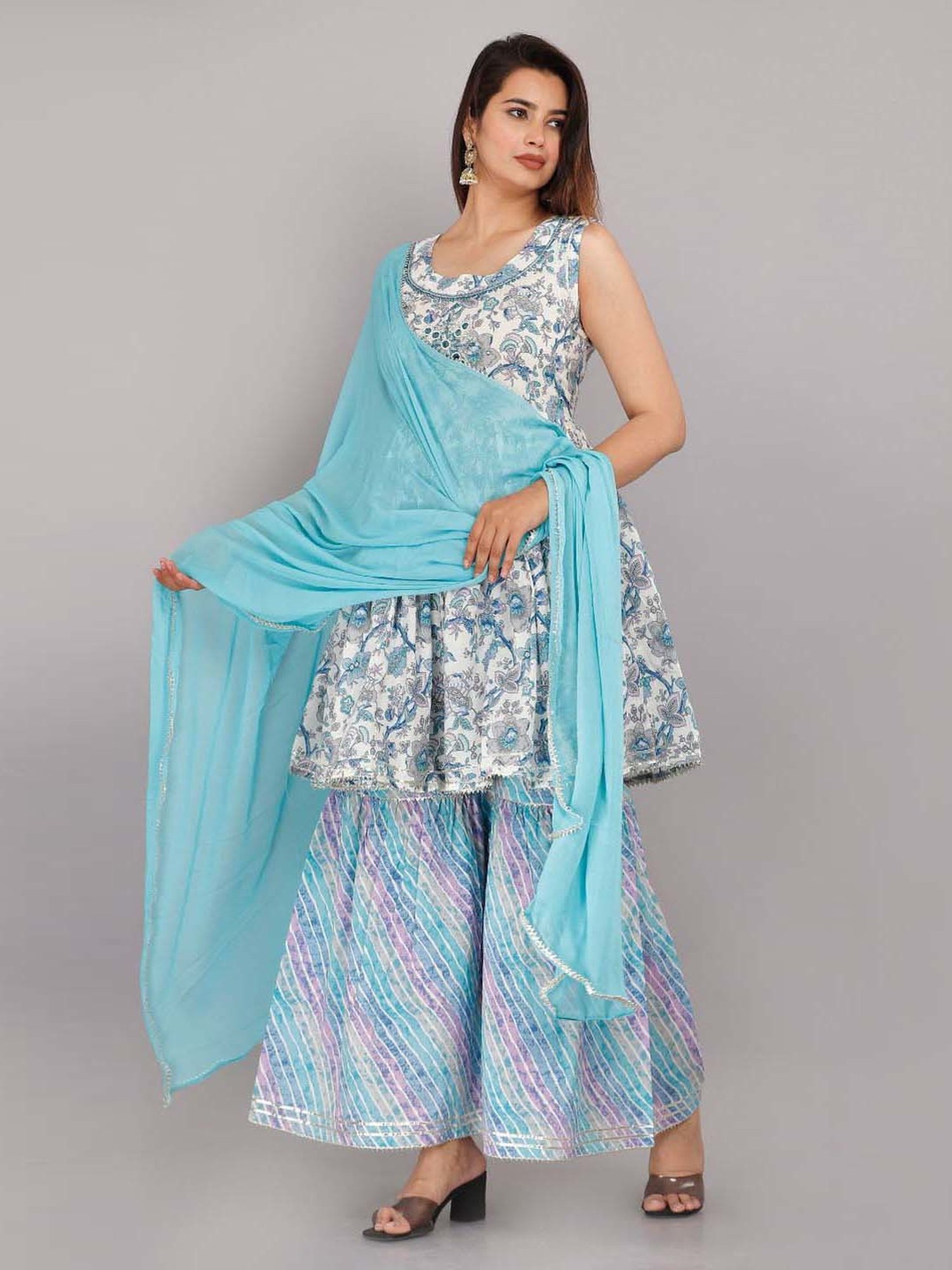 HIGHLIGHT FASHION EXPORT Blue Cotton Embellished Kurta Sharara Set With Dupatta