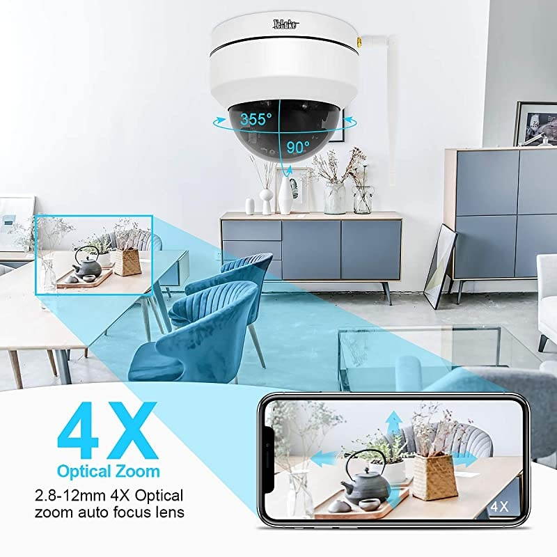 PTZ HD 5MP Wireless Waterproof Security Surveillance IP Dome Camera with 4X Optical Zoom IR Night Vision,Support Motion Detection ONVIF Protocol and SD Card Slot