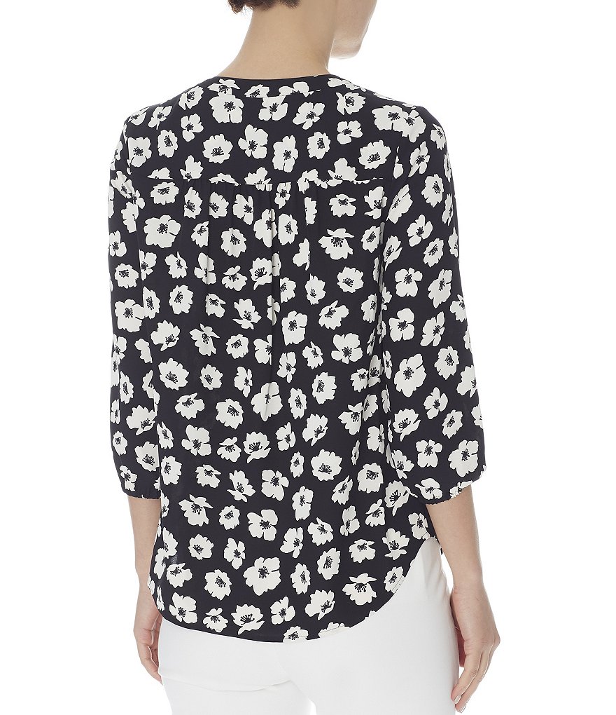 Anne Klein Floral Print V-Neck Crepe de Chine Blouse