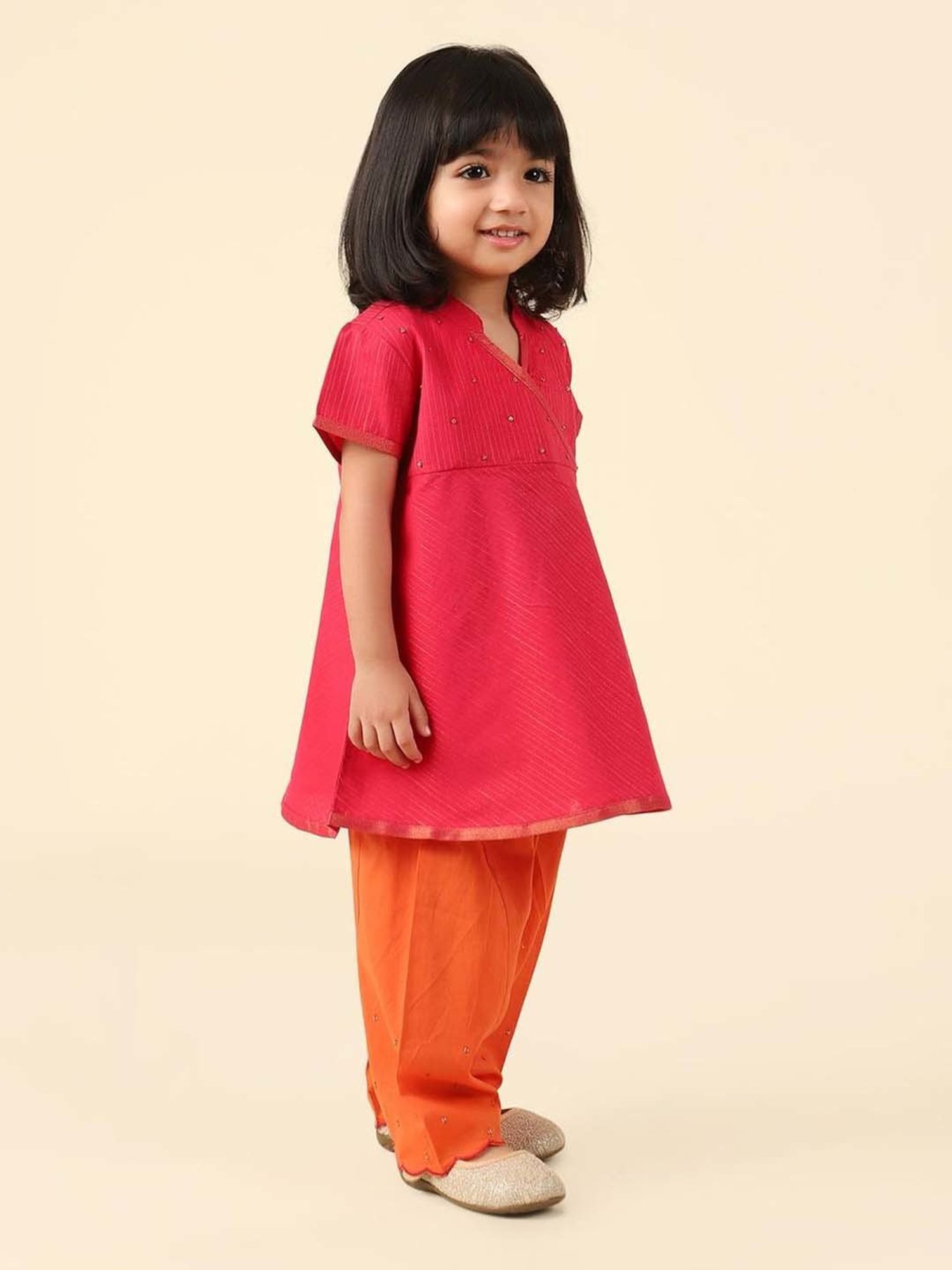 Fabindia Kids Pink & Orange Embellished Kurti & Salwar