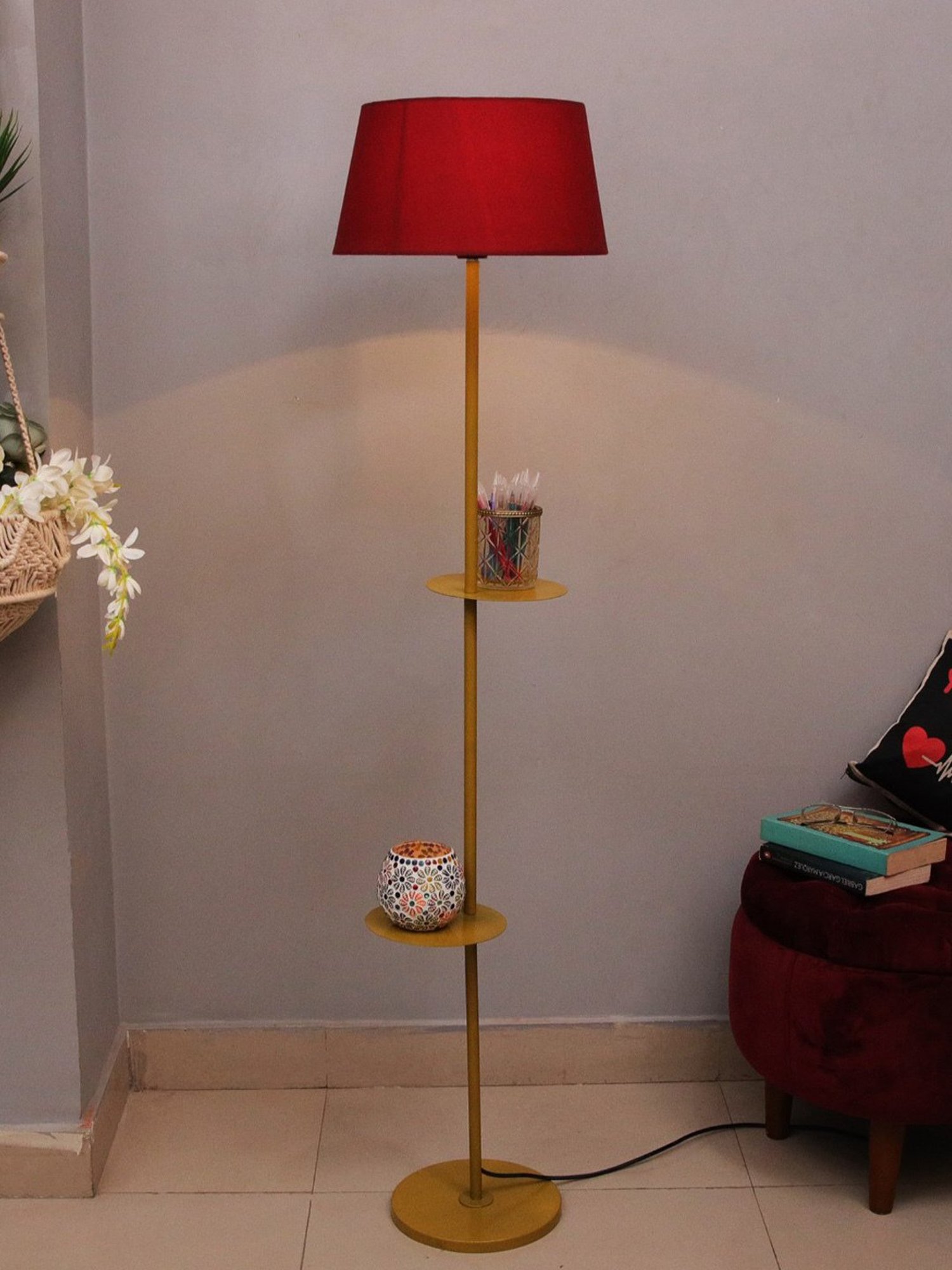 Homesake 'Duo Shelf' Red & Golden Metal Tall Floor Lamp With Shade & Bulb - Set of 1
