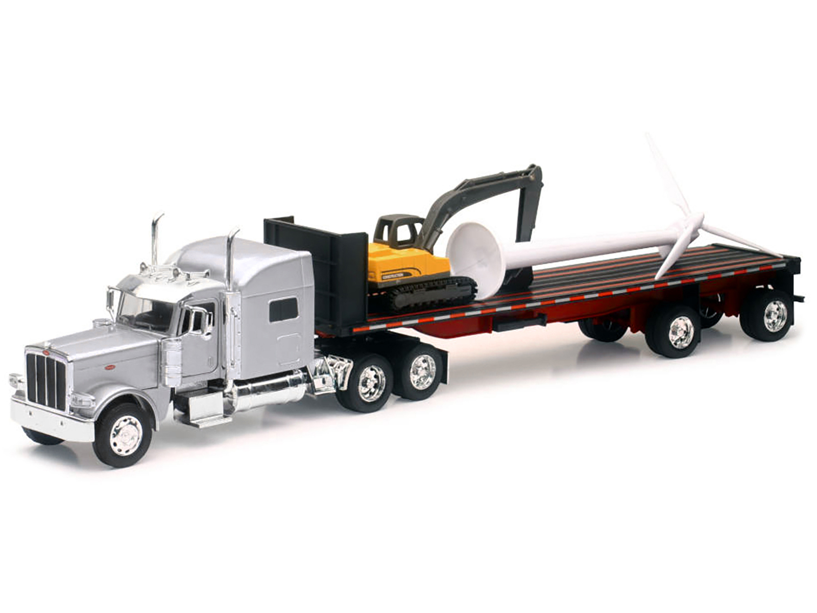 Peterbilt 389 Truck with Flatbed Trailer Silver Metallic with Excavator and Wind Turbine "Long Haul Truckers" Series 1/32 Diecast Model by New Ray