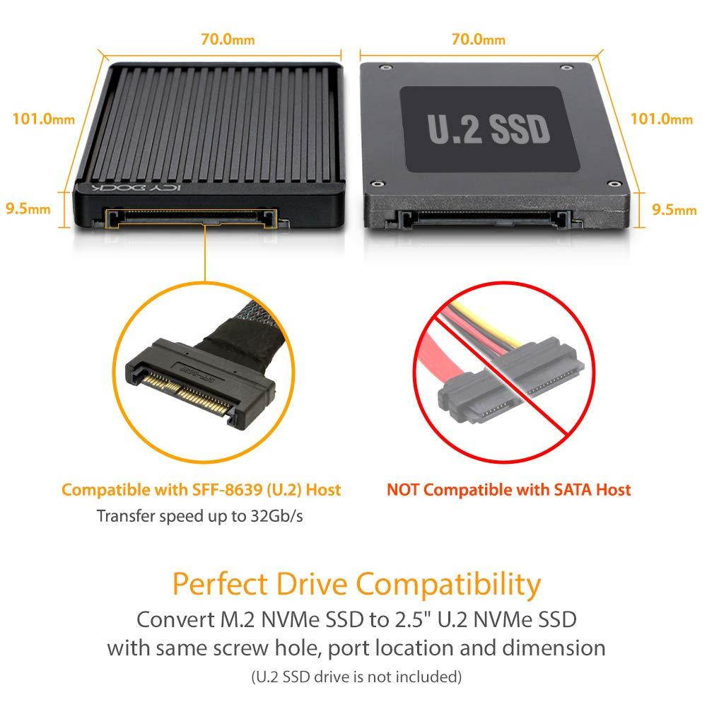 ICY DOCK (Tool-Less M.2 to U.2 Adapter) M.2 PCIe NVMe SSD to 2.5" U.2 (SFF-8639) SSD Converter - EZConvert MB705M2P-B