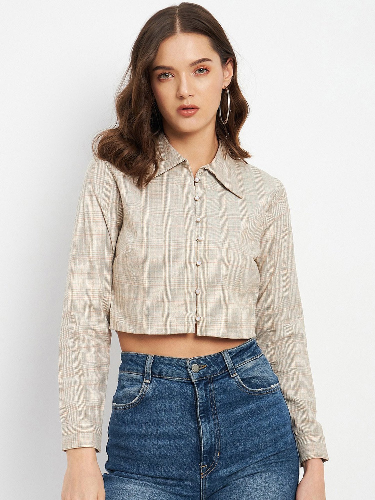 MADAME Beige Checks Crop Top