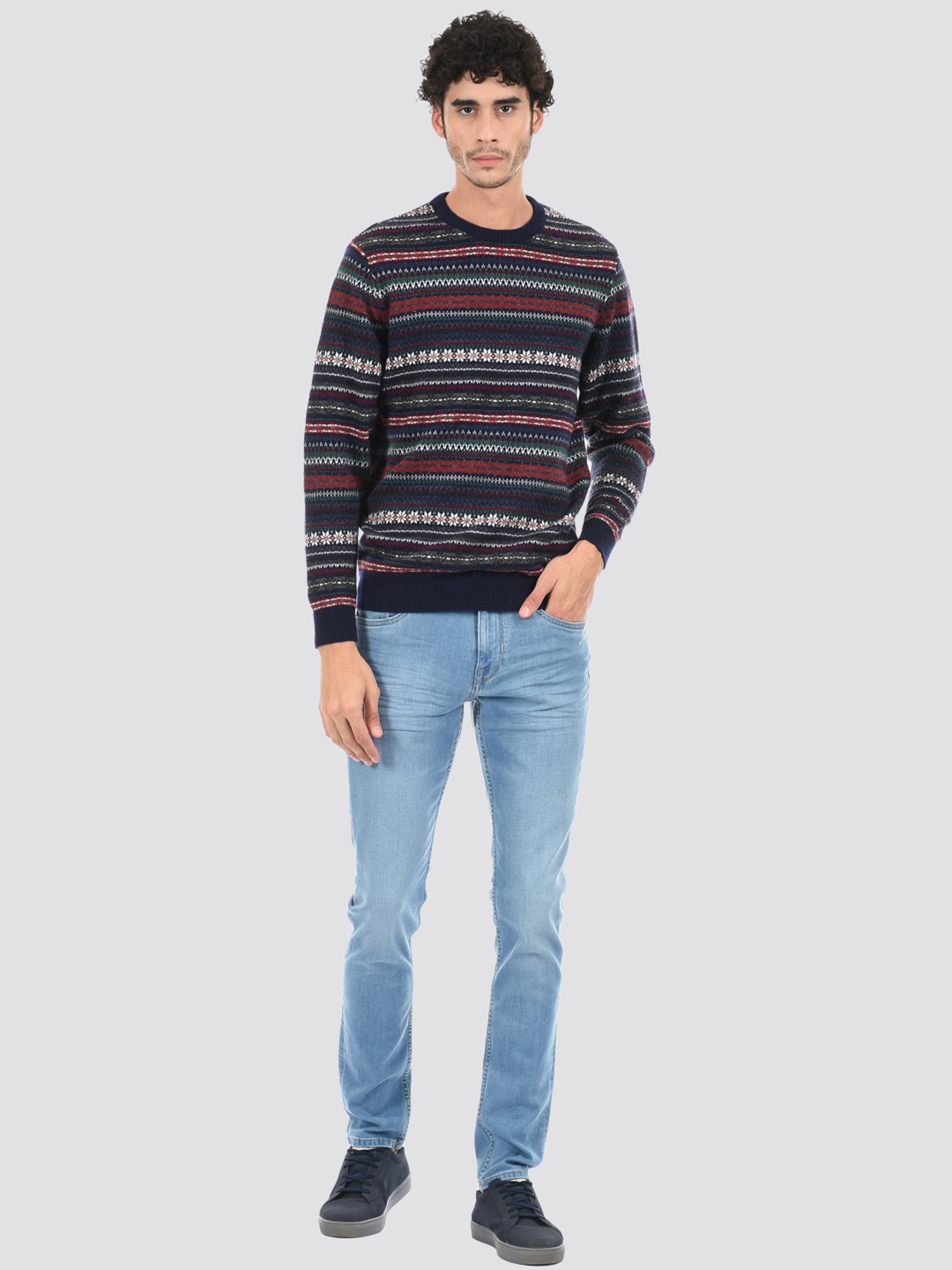 London Fog Navy Blue Regular Fit Self Pattern Sweater