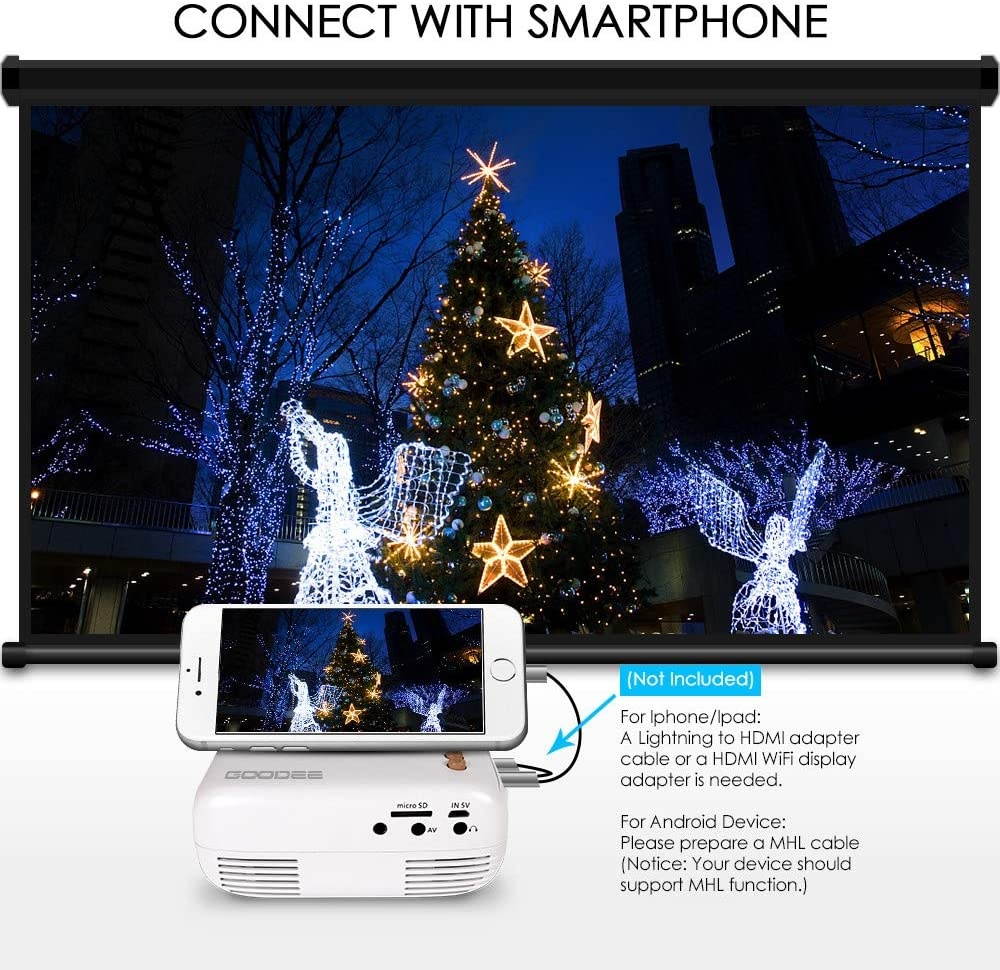GooDee YG200 Mini Projector, LED Pico Projector, Pocket Video Projector Support HDMI Smartphone PC Laptop USB for Movie Games