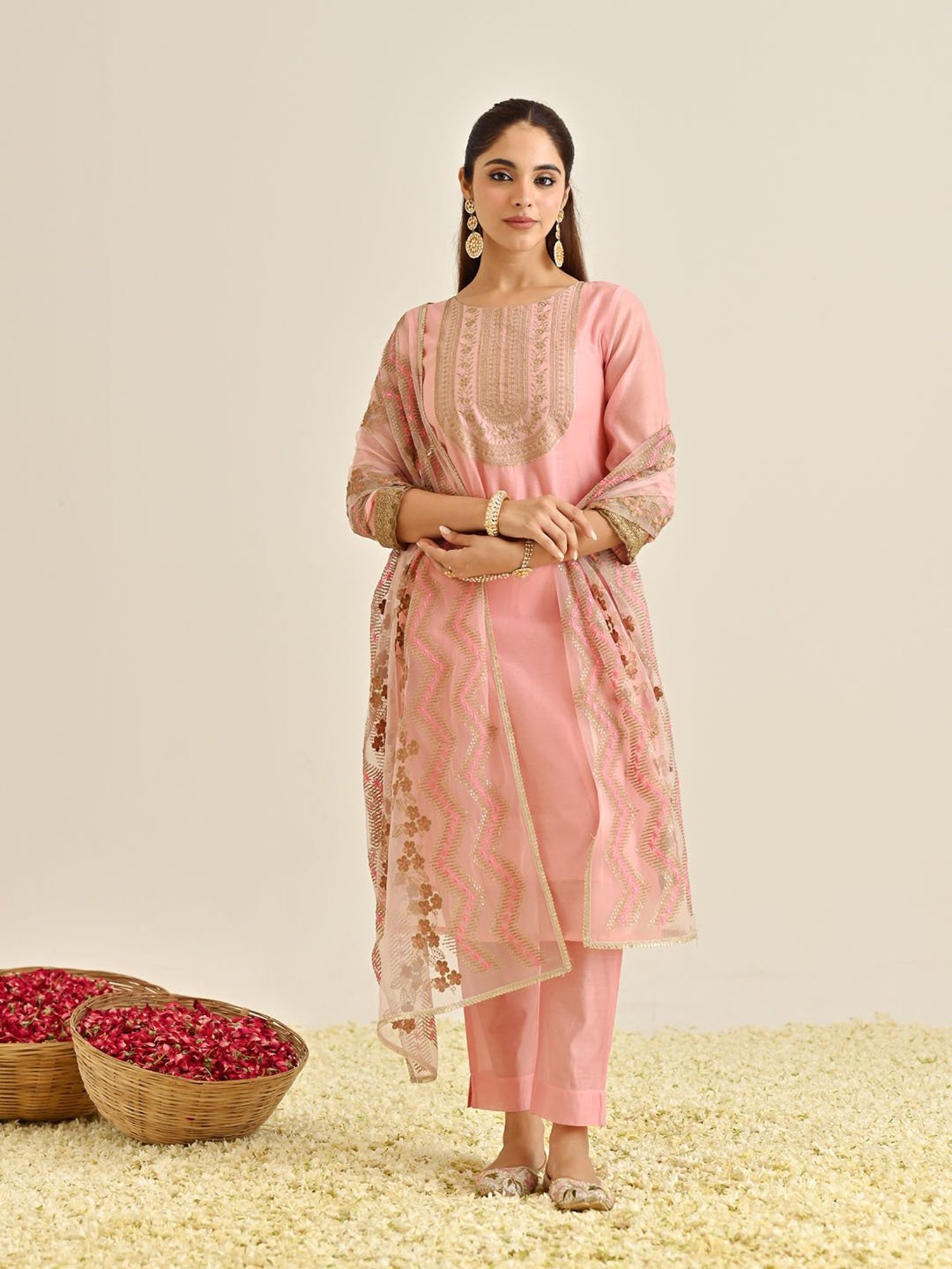 Rustorange Pink Embroidered Kurta With Pant & Dupatta