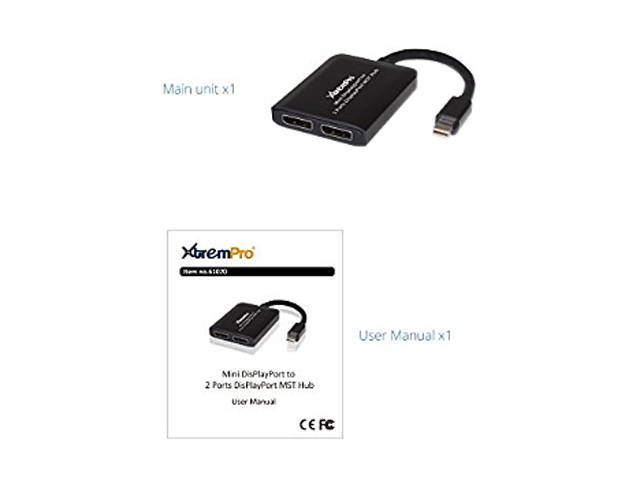 XtremPro 61070 USB Mini DisplayPort to 2 DisplayPort MST Hub, DP 1.2 to 2 Splitter, Dual Monitor Splitter, Support 4K, 1080p, HDCP, for Windows OS - Black