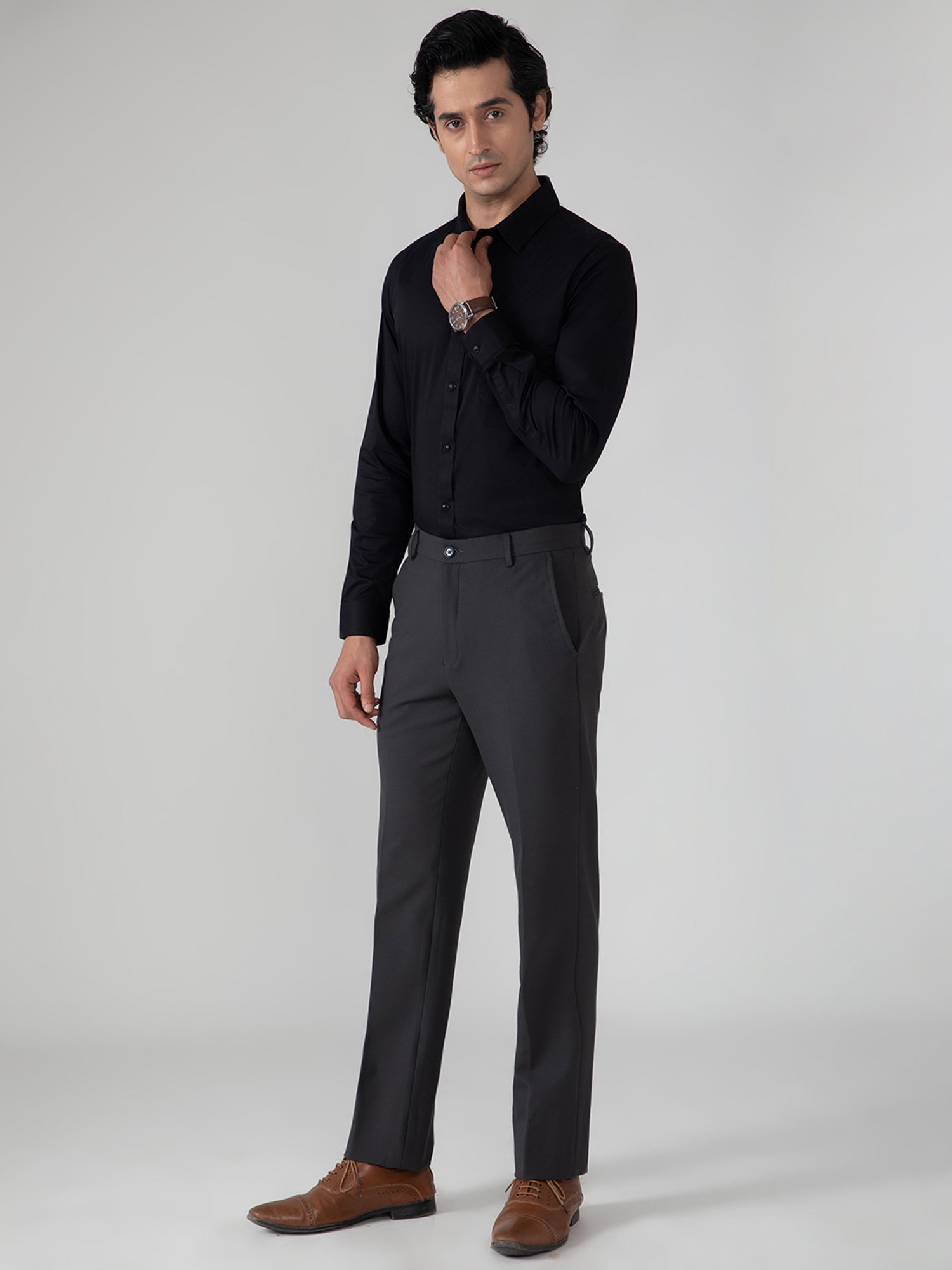 SUBTRACT Charcoal Slim Fit Flat Front Trousers
