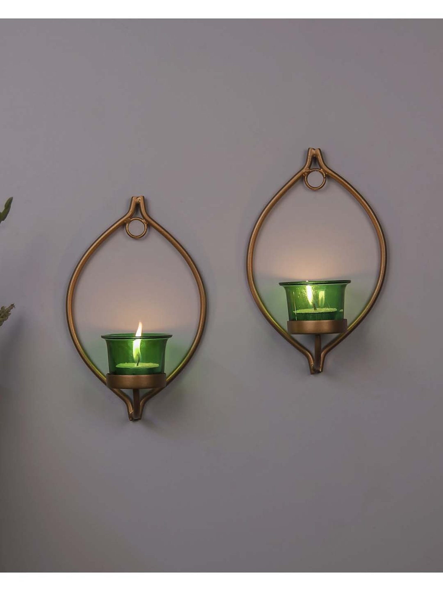Homesake 'Christmas' Green & Golden Metal Wall Candle Holder With Tea Light Candle - Set of 2