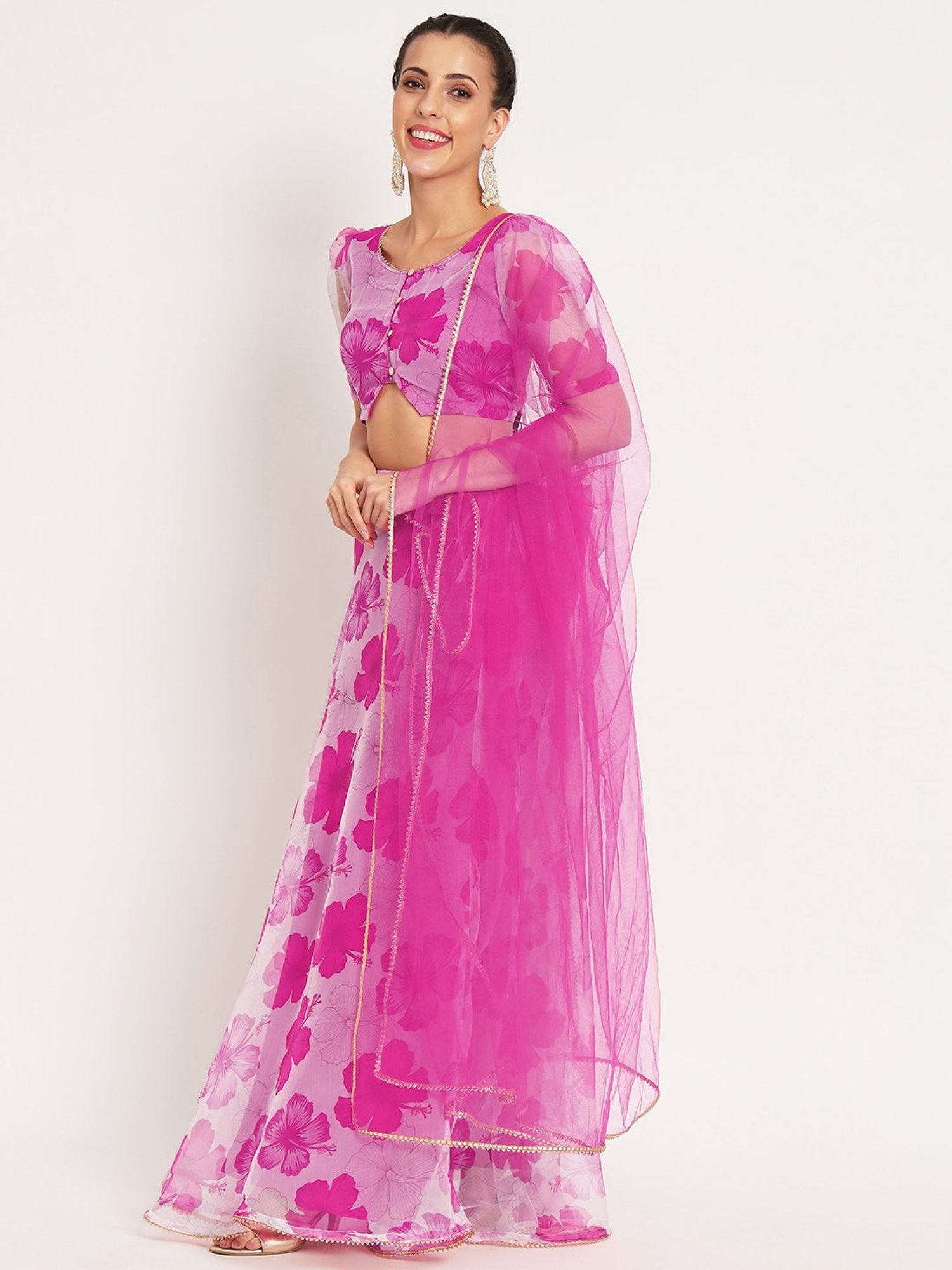 studiorasa White & Pink Organza Floral Print Lehenga Set