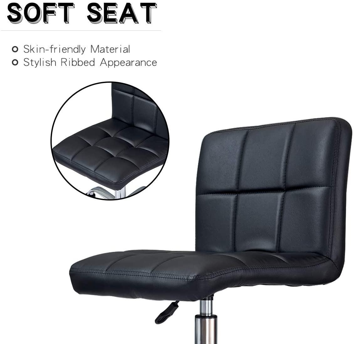 Ribbed Swivel Desk Chair Adjustable Task Chair PU Leather Mid Back Rolling Office Chair with Wheels Padded Task Conference Chair with Backrest for Office Home Computer Without Arms, White