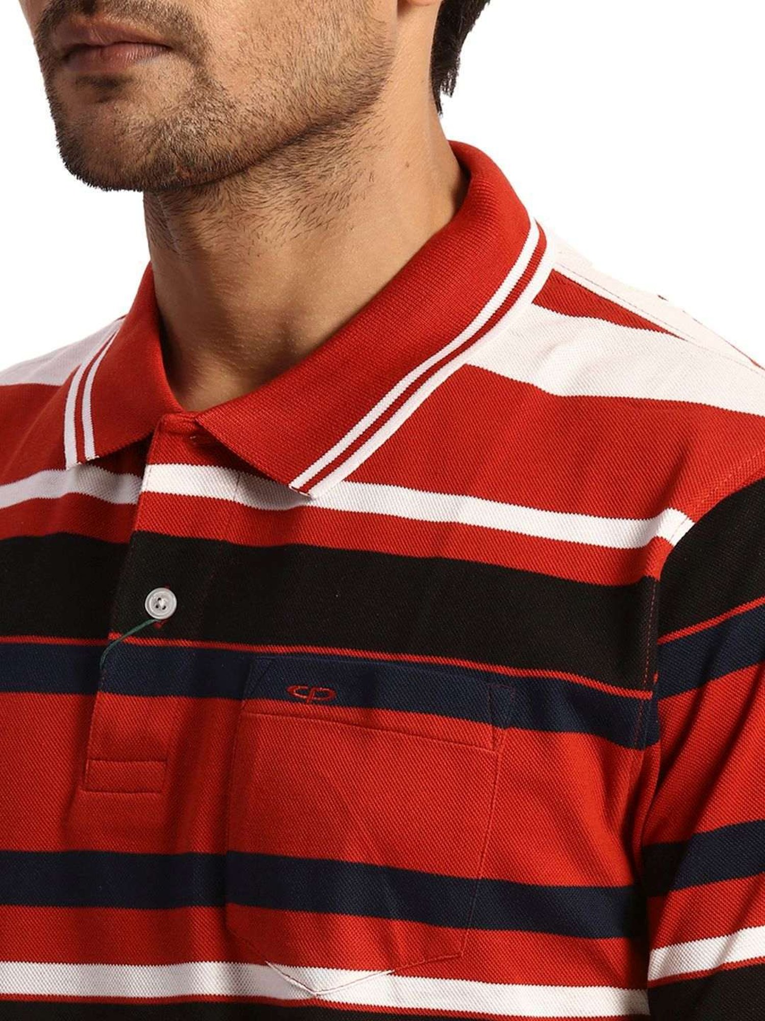 ColorPlus Orange Cotton Classic Fit Striped Polo T-Shirt