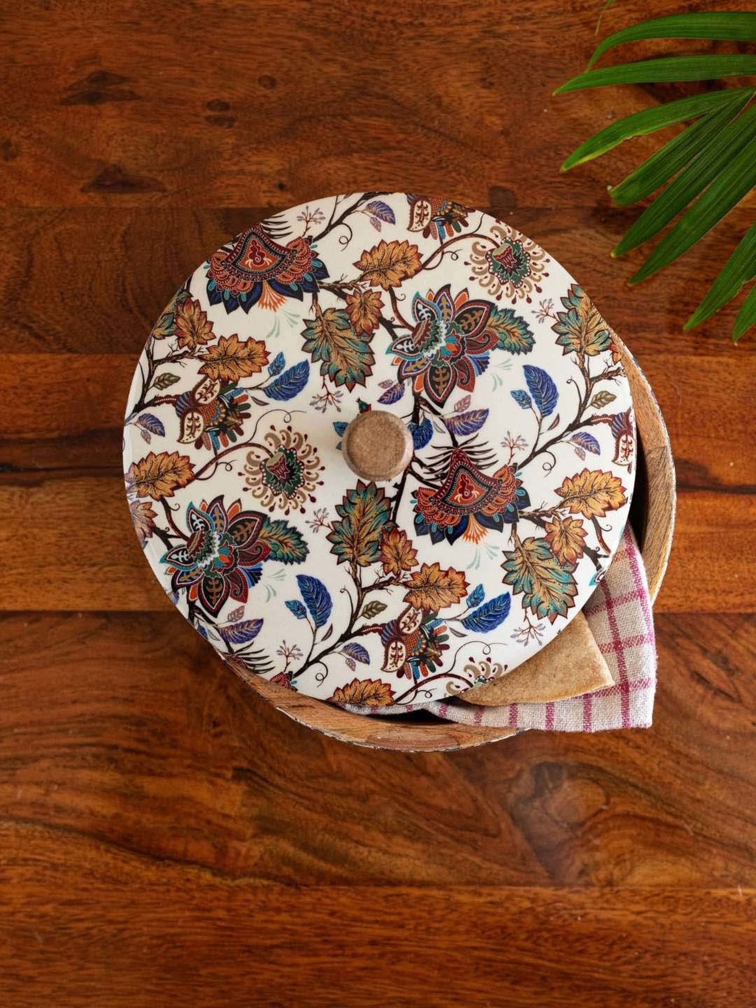 ExclusiveLane Mango Wood Floral Chronicles Hand-Enamelled Casserole Chapati Box With Lid (1.14 L)