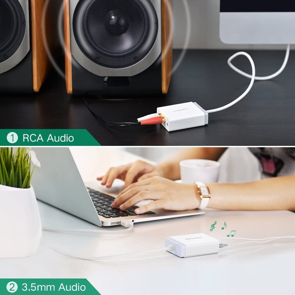 UGREEN USB External Stereo Sound Card Audio Adapter with 3.5mm Aux and 2RCA Converter for Speaker, Headphone and Microphone, Earphone, Headset, Plug and Play on Windows, Mac, Linux and PS4, 3ft Cable