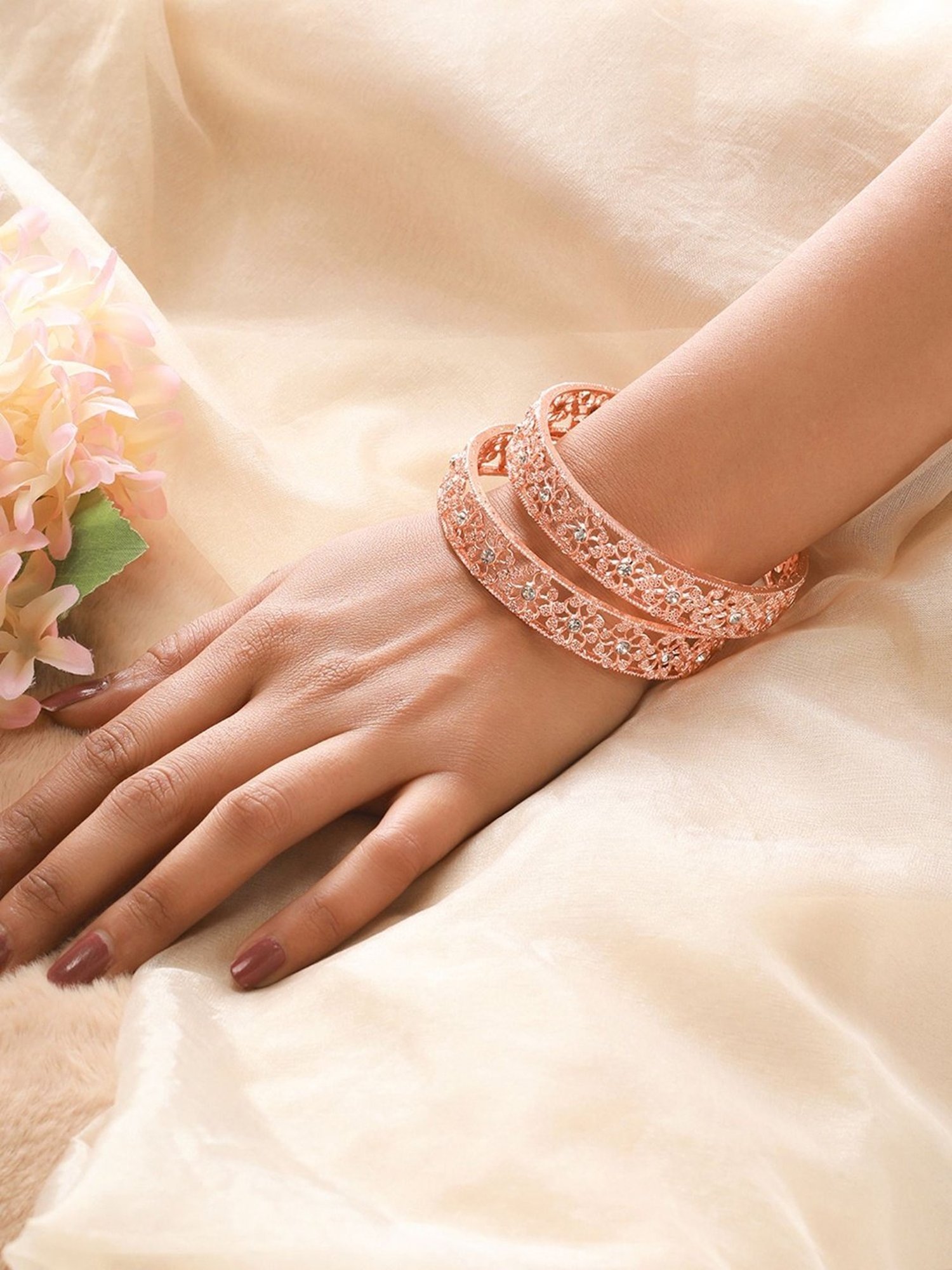 Aatmana Rose Gold-Plated Cubic Zirconia Studded Bangles for Women (Set of 2) - 2.6