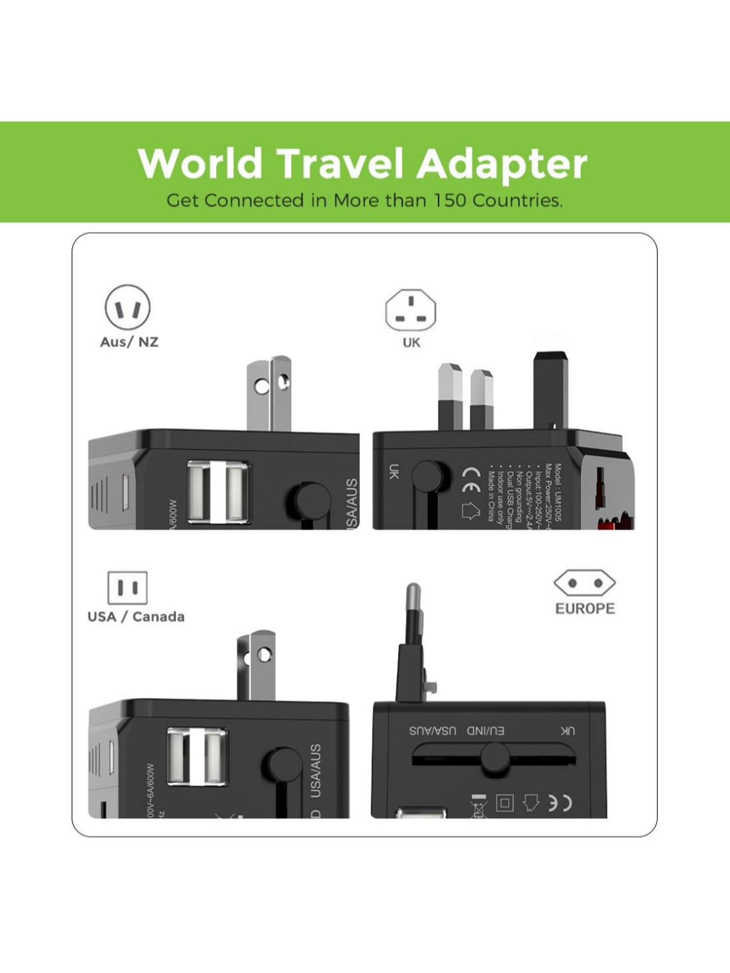 UltraProlink UM1005WTA World Travel Adapter & Converter Plug With Dual USB & Multipurpose Charger
