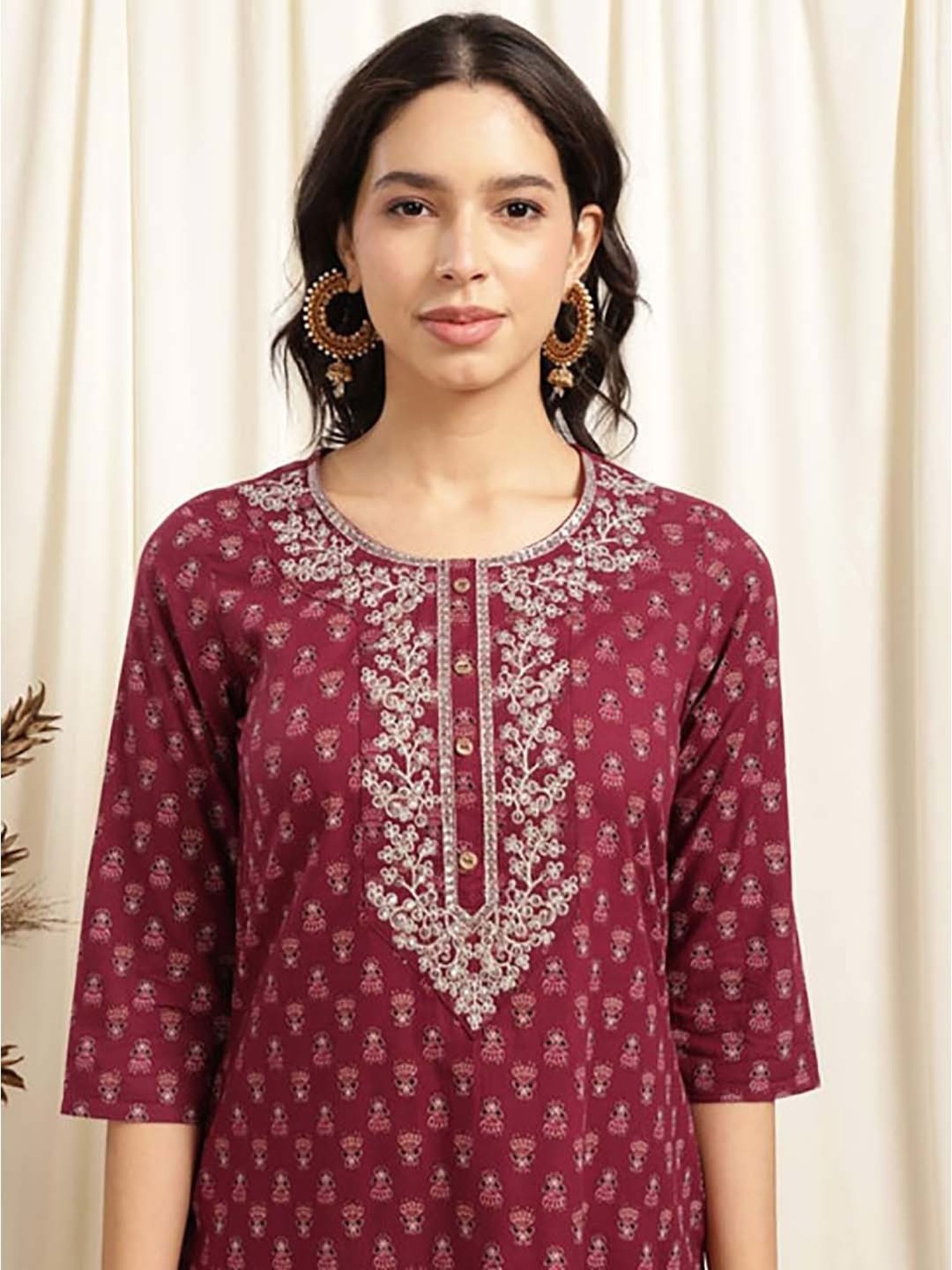 Rangita Maroon Cotton Printed Straight Kurta