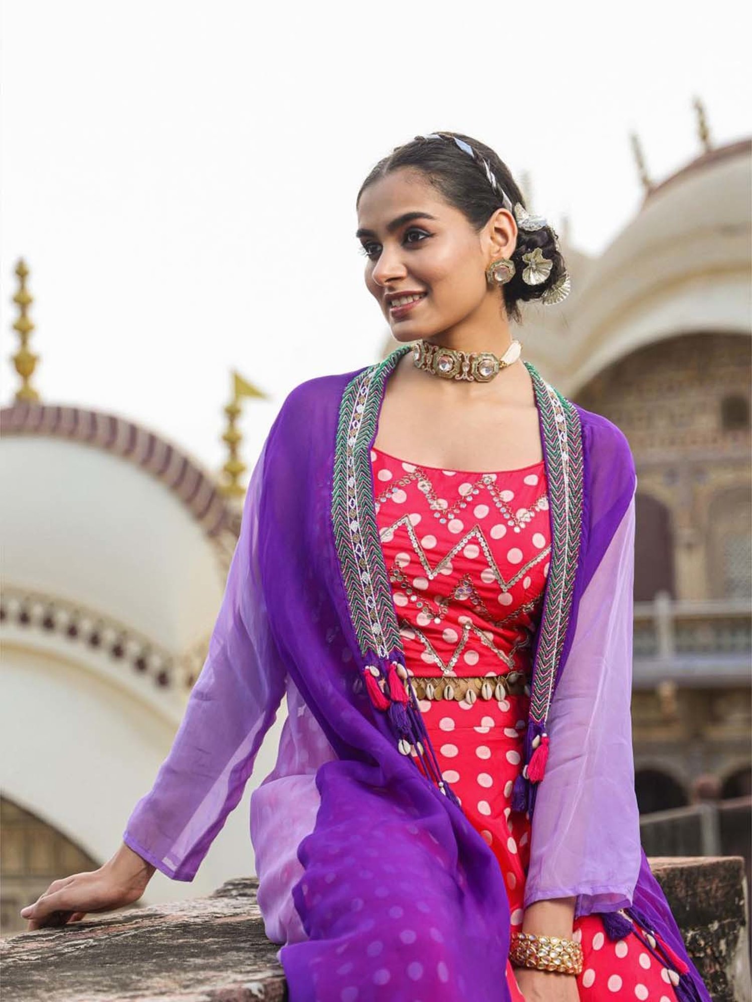 SCAKHI Pink Printed Lehenga Choli Set With Cape