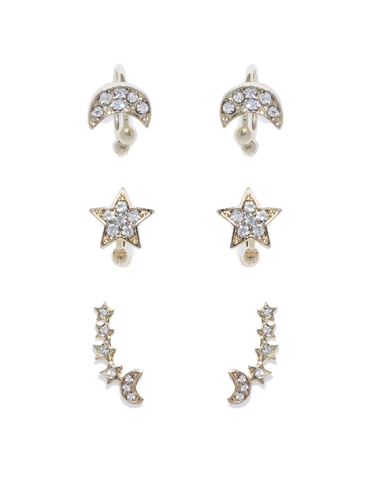 OOMPH Pair of Golden Tone Crystal Small Star & Moon Ear Cuff Earrings for Women - Set of 3