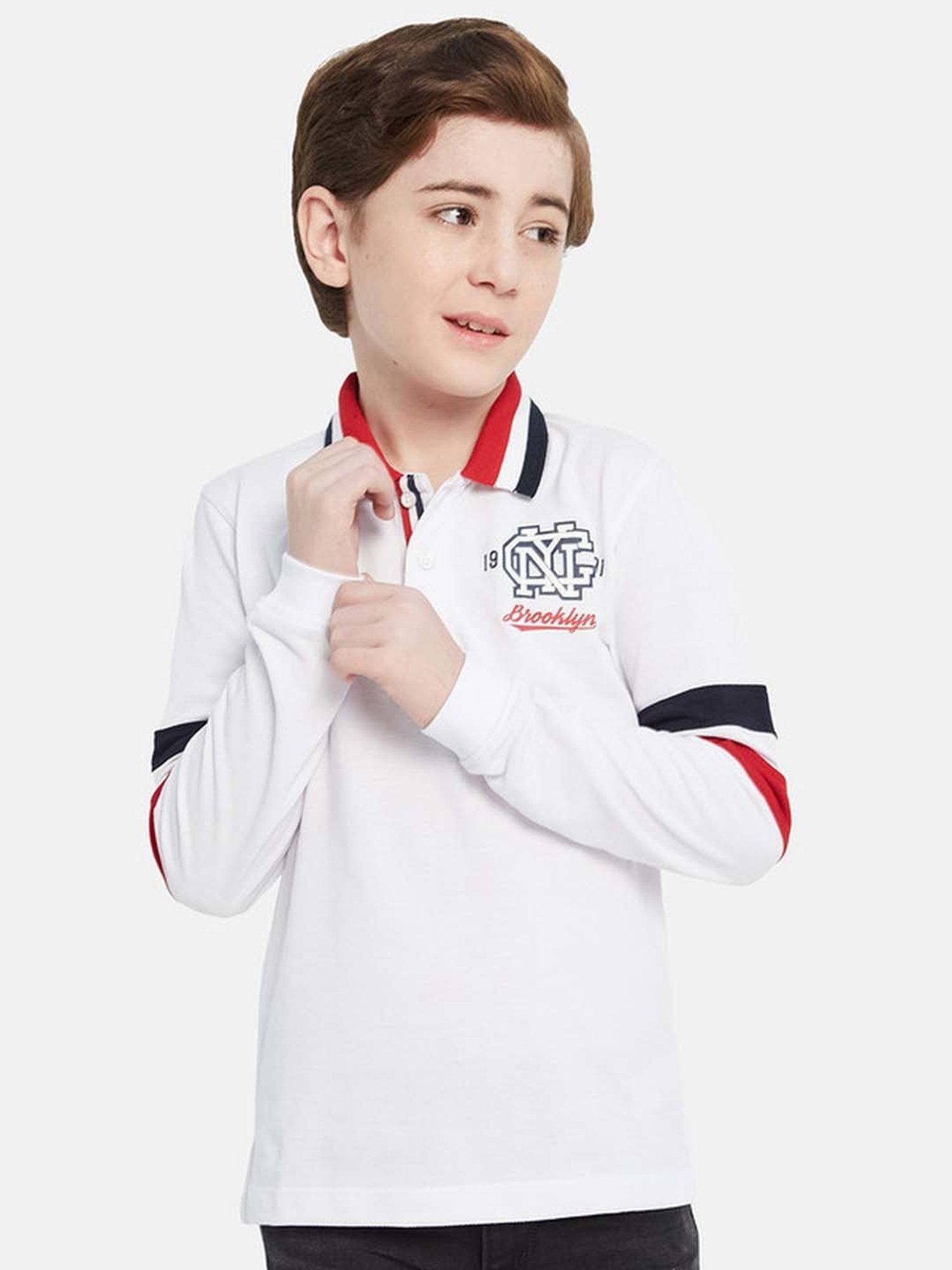 Octave Boys White Cotton Printed Full Sleeves Polo T-Shirt