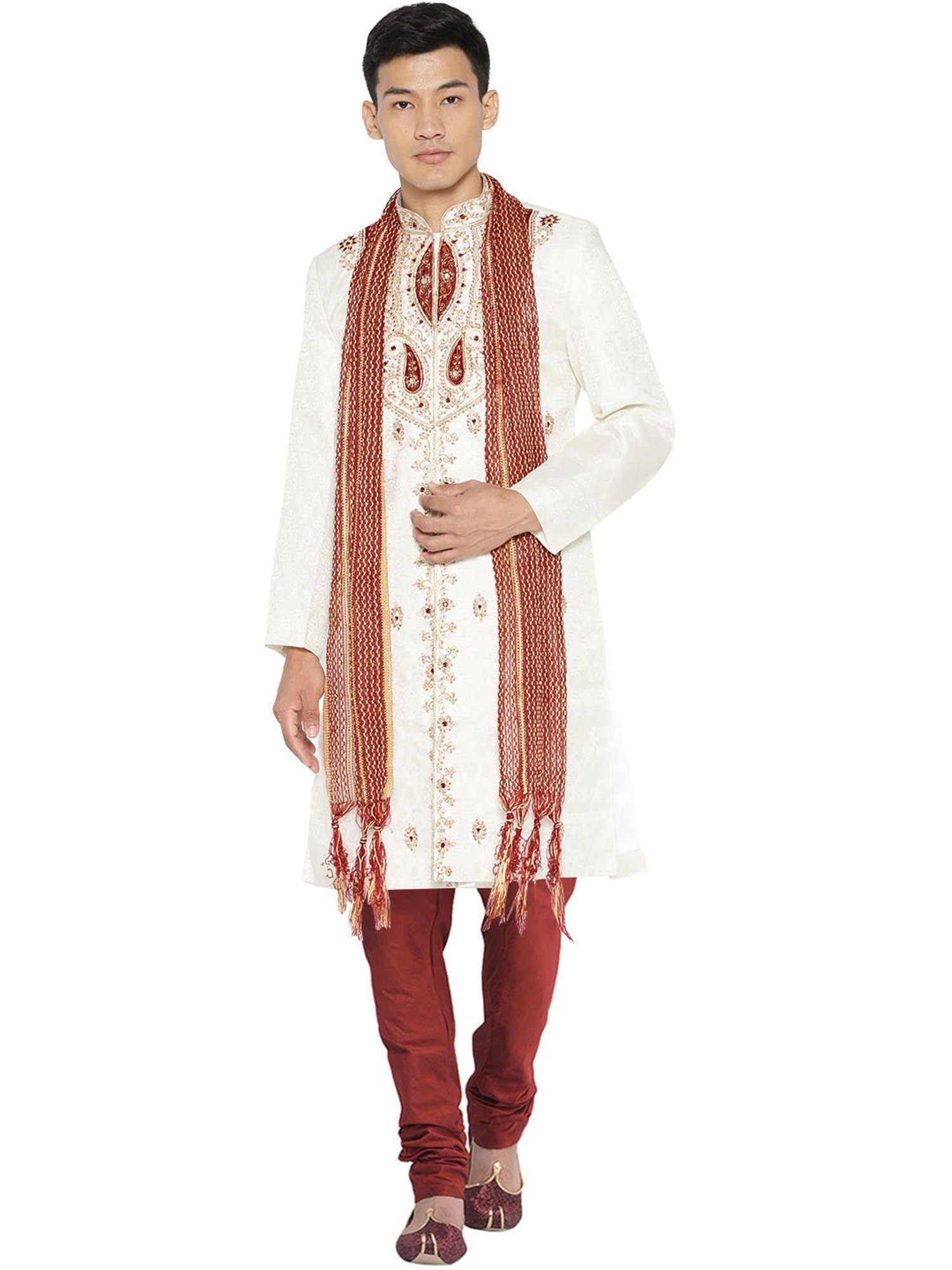 SG LEMAN Cream Regular Fit Embellished Sherwani Set