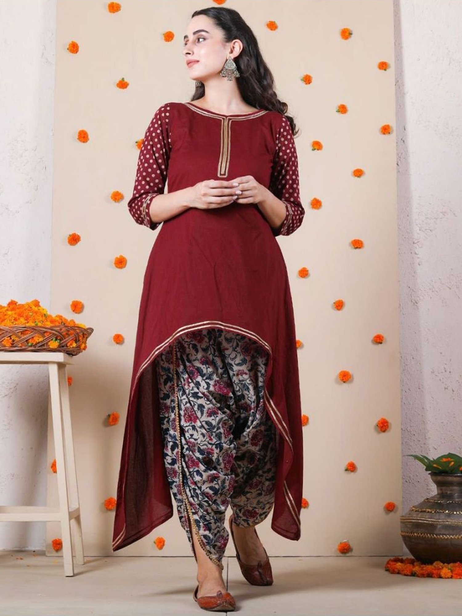 Rustorange Maroon Polka Asymmetric Kurta & Dhoti Set