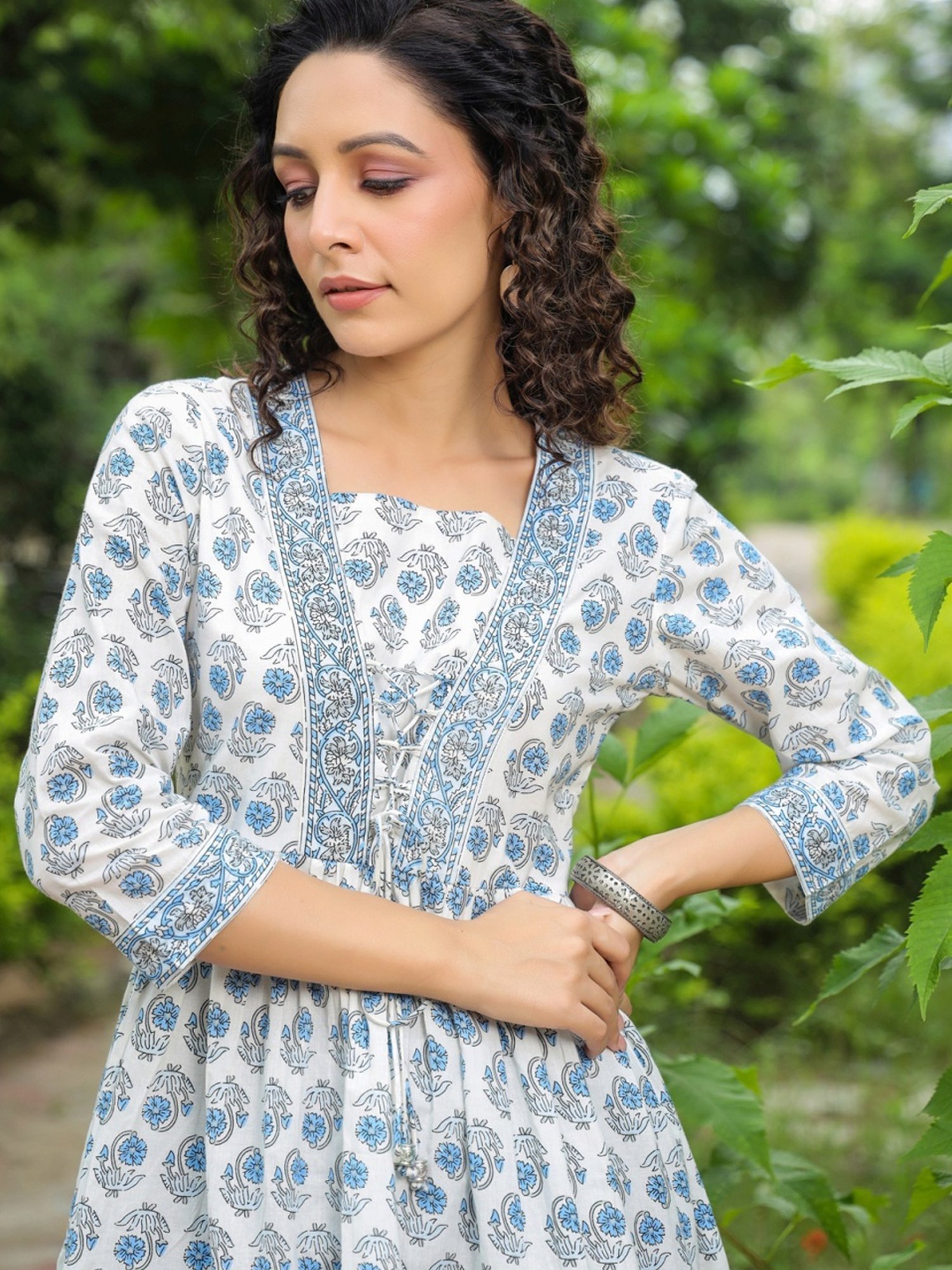 Rain and Rainbow White & Blue Cotton Floral Print Top