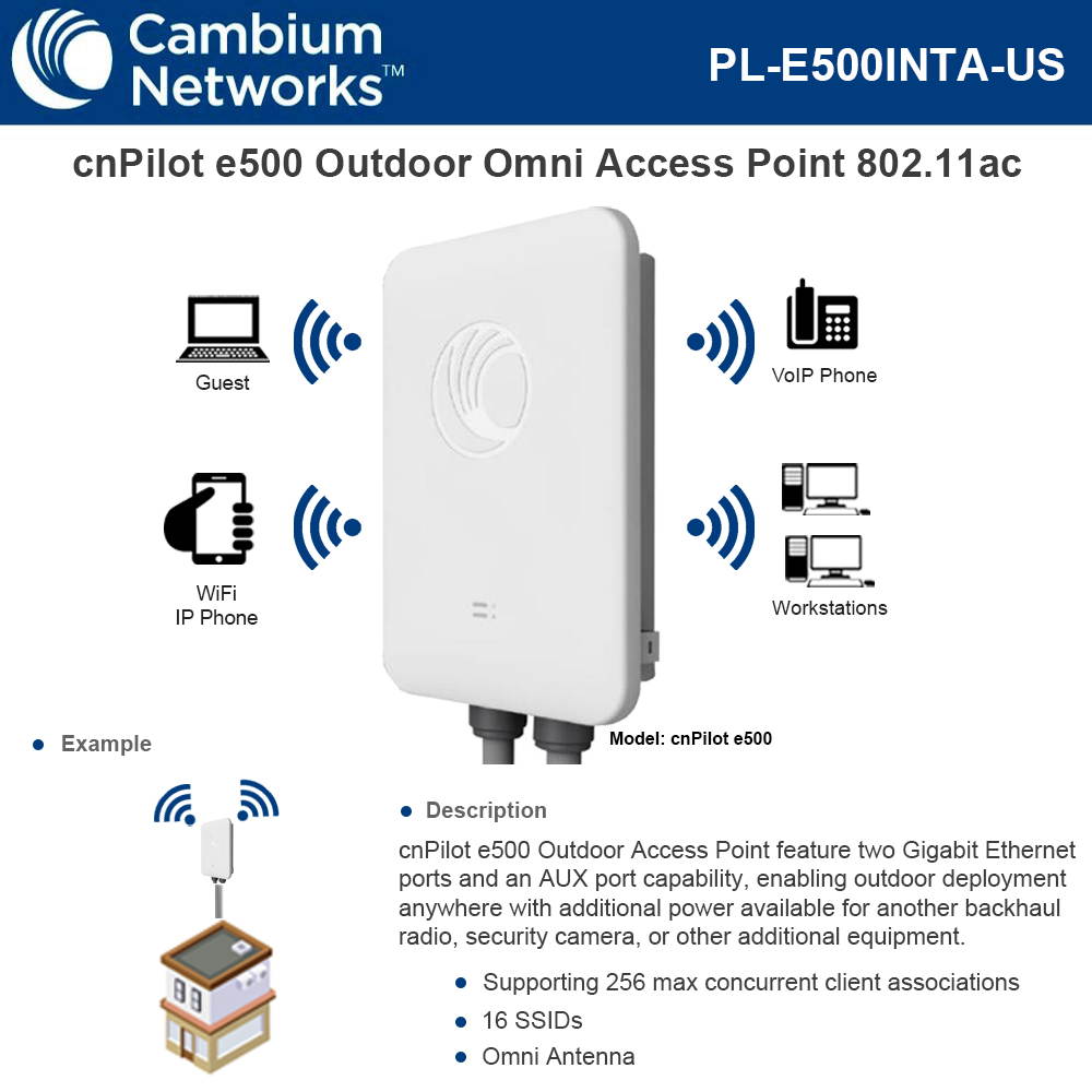 Cambium Networks - PL-E500INTA-US - cnPilot Enterprise E500 Outdoor 802.11ac 2x2 MIMO Dual Band Gigabit Access Point