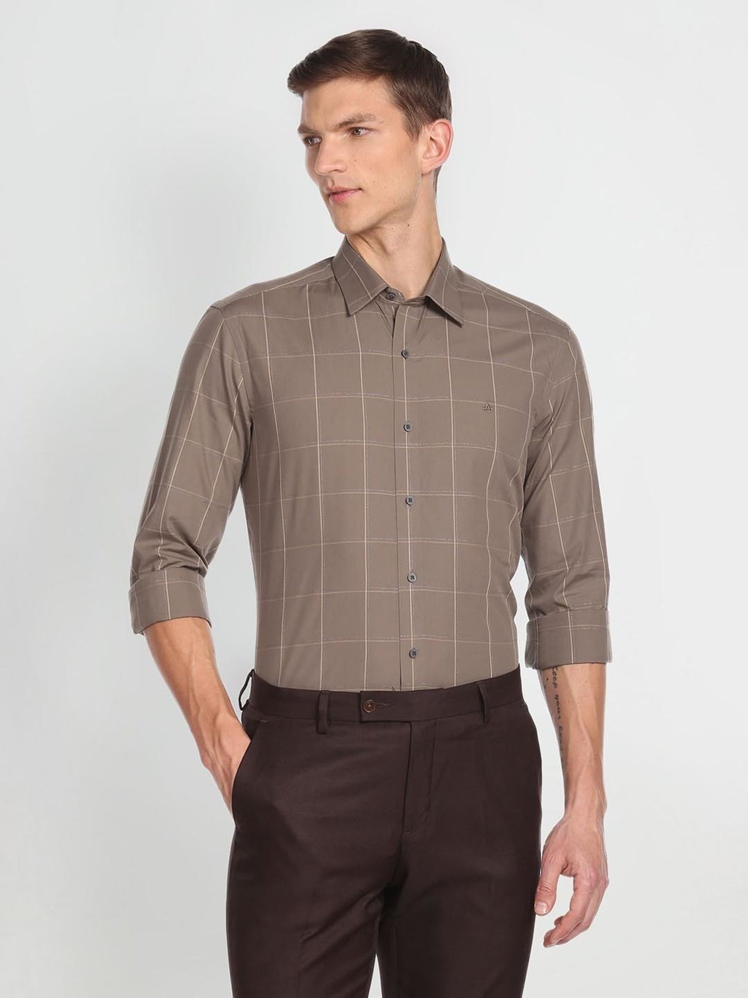 Arrow New York Brown Cotton Slim Fit Checks Shirt