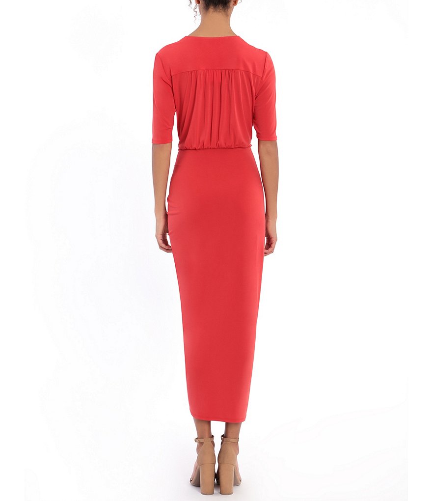 London Times Short Sleeve V-Neck Drawstring Slit Midi Dress