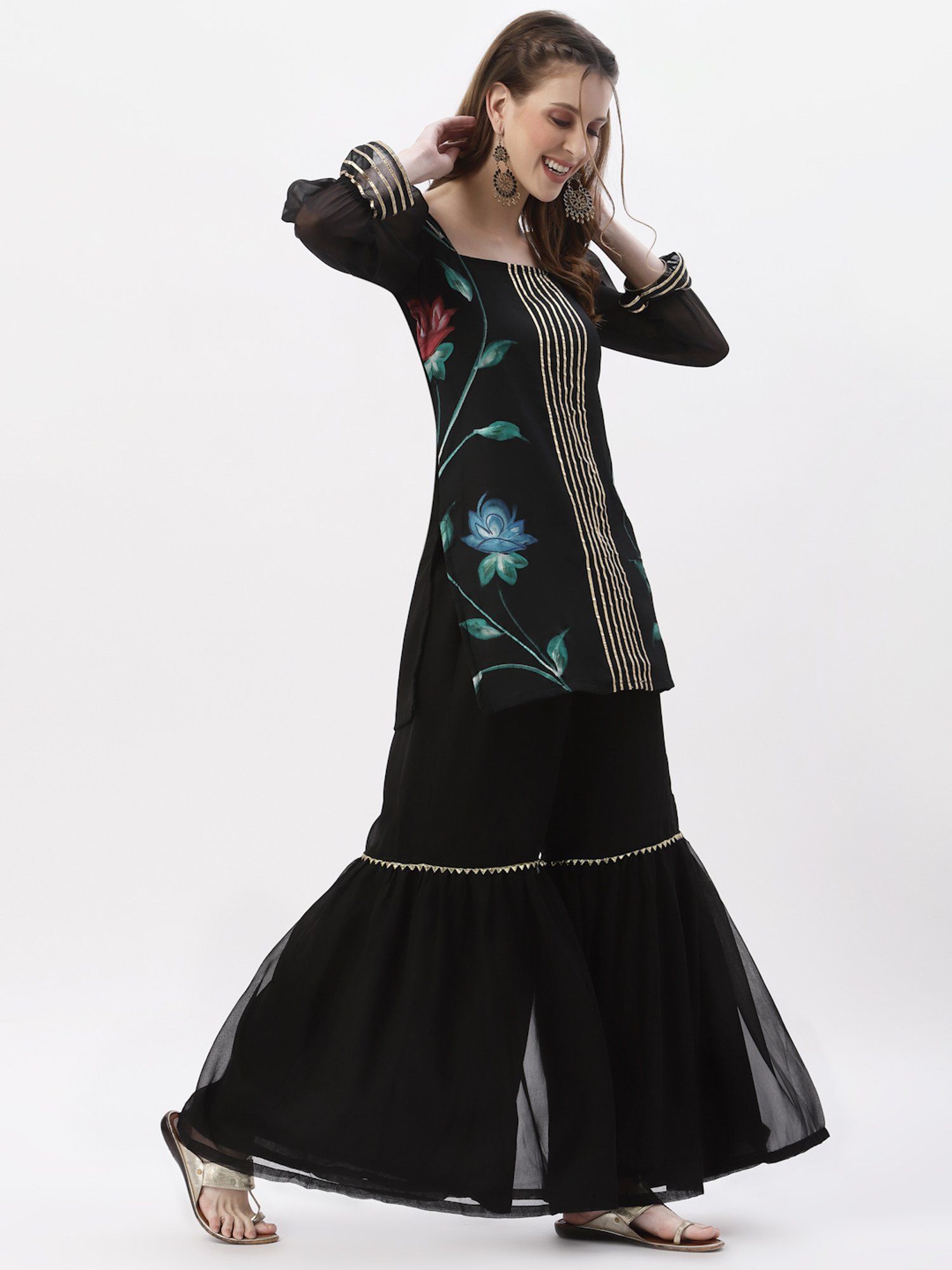 studiorasa Black Printed Kurti Sharara Set