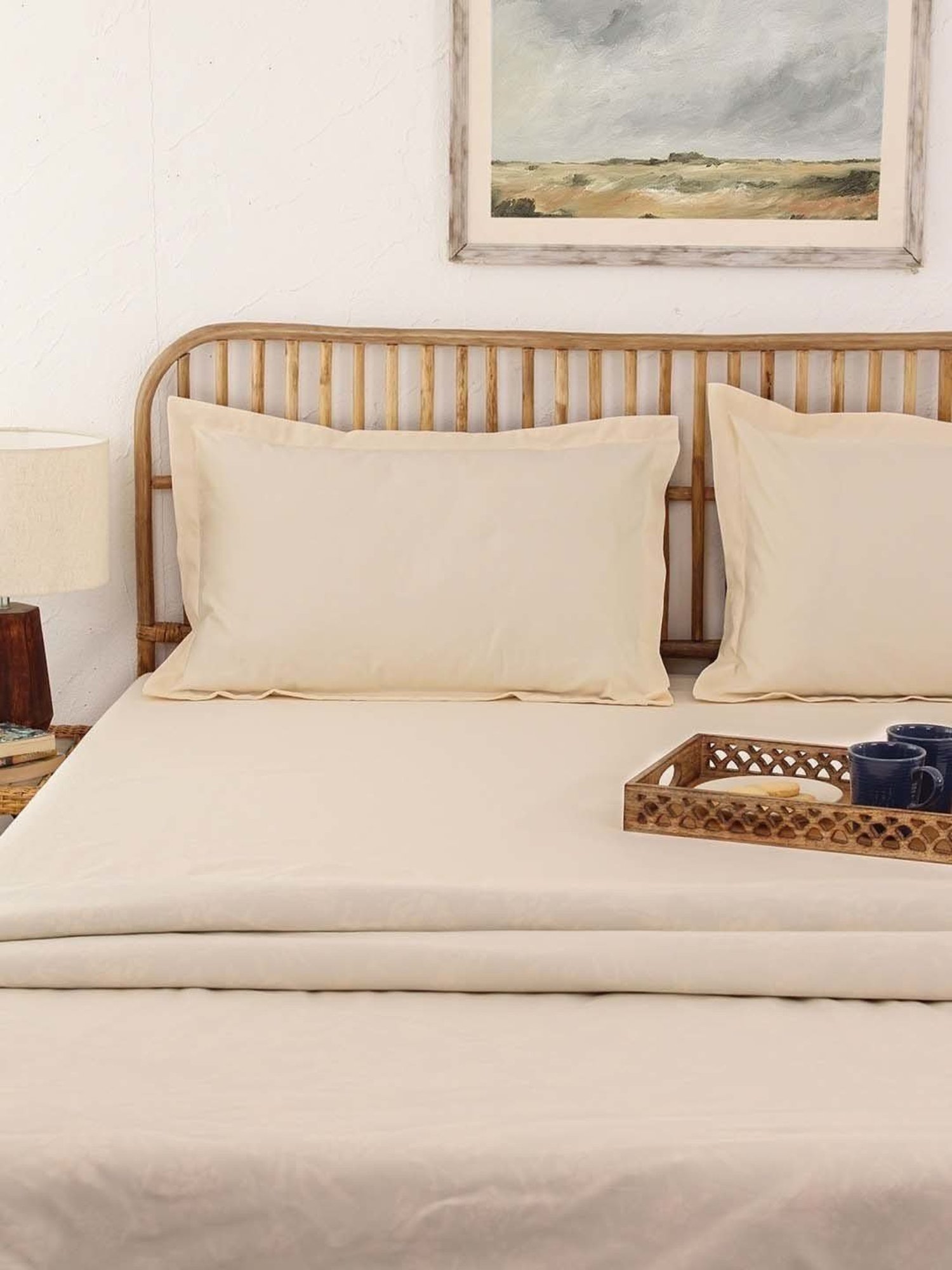 House This Sesame Off-White Cotton 600 TC Double Size Bedsheet With Pillow Covers